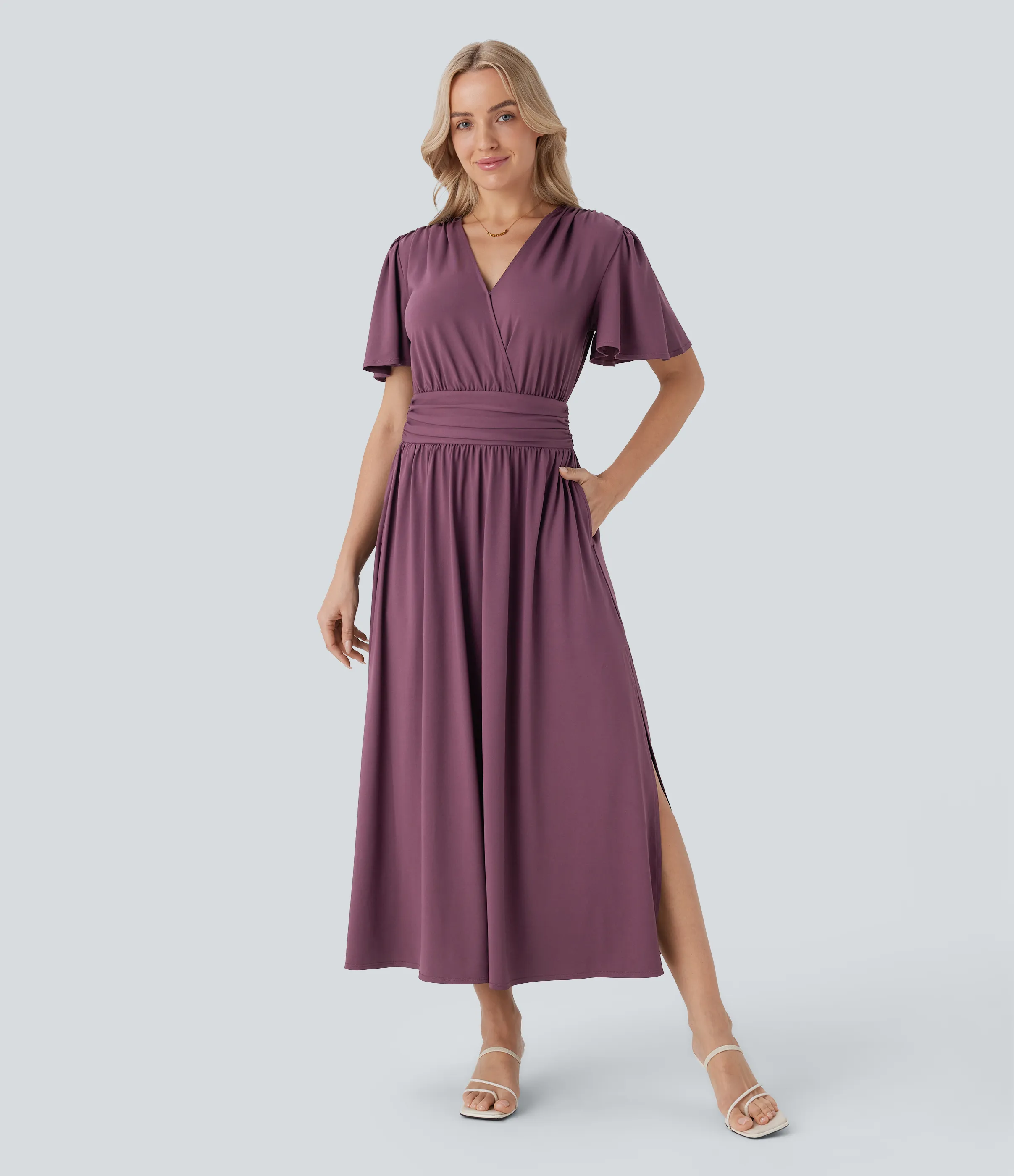 Halara Vestido midi holgado cuello V manga corta drapeado abertura resort - Plum Wine - XL sold by Halara