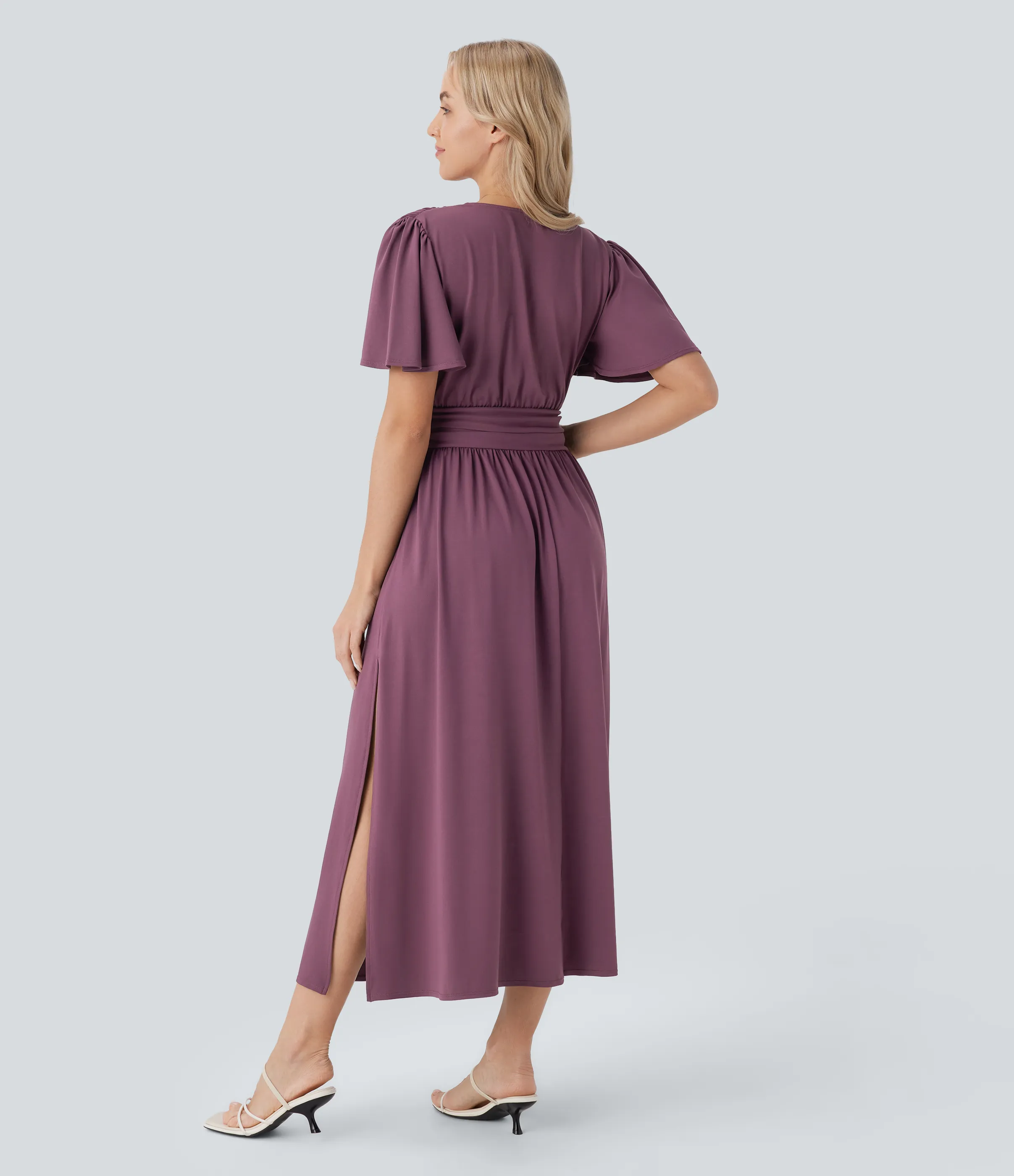 Halara Vestido midi holgado cuello V manga corta drapeado abertura resort - Plum Wine - XL sold by Halara product image thumbnail 3