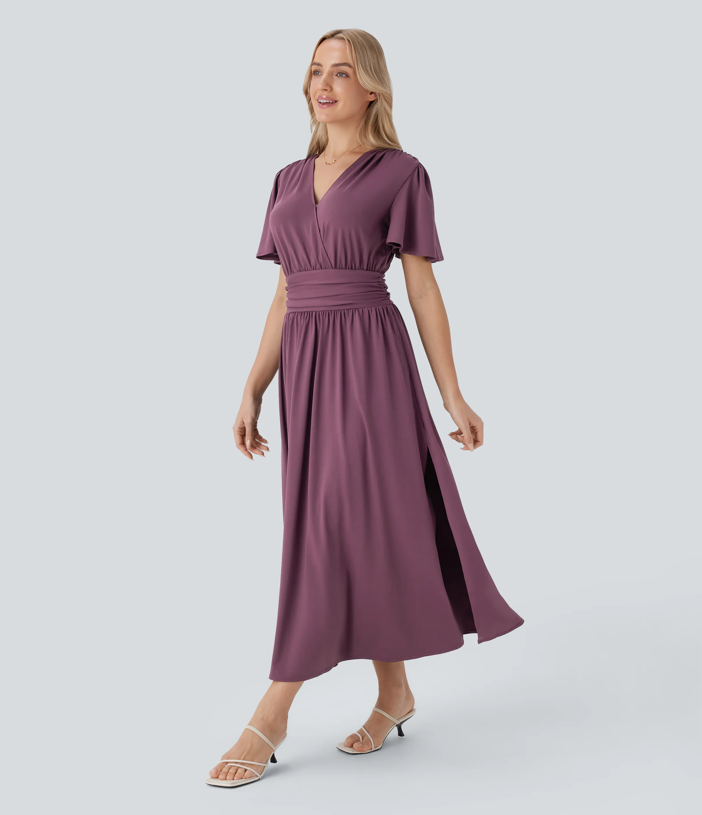 Halara Vestido midi holgado cuello V manga corta drapeado abertura resort - Plum Wine - XL sold by Halara product image thumbnail 4