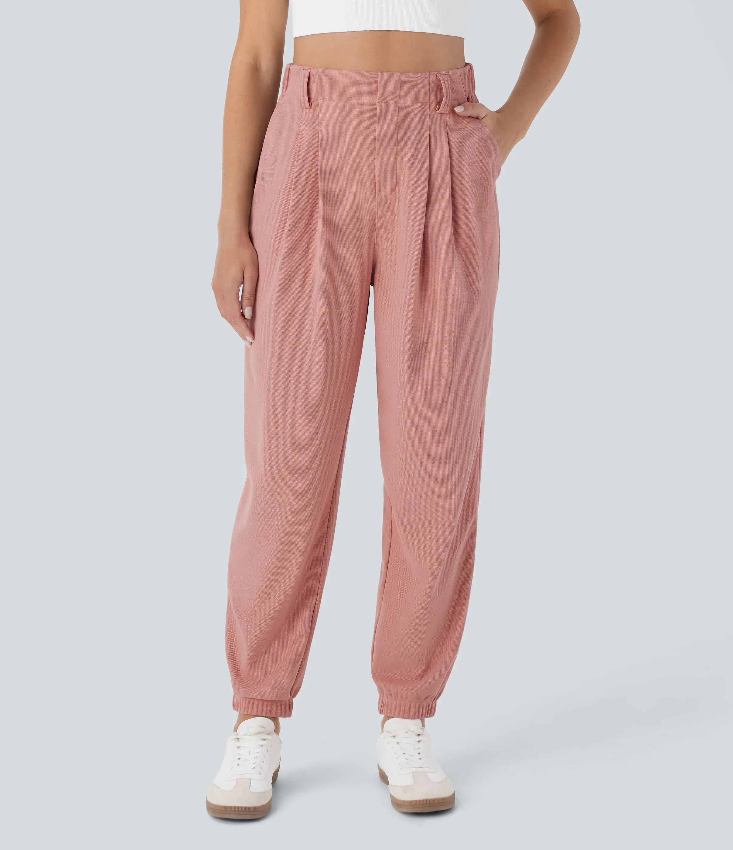 Halara Joggers casuales de tiro alto ajustados en tela gofre con bolsillos - Rose Tan - S(regular) sold by Halara product image thumbnail 4