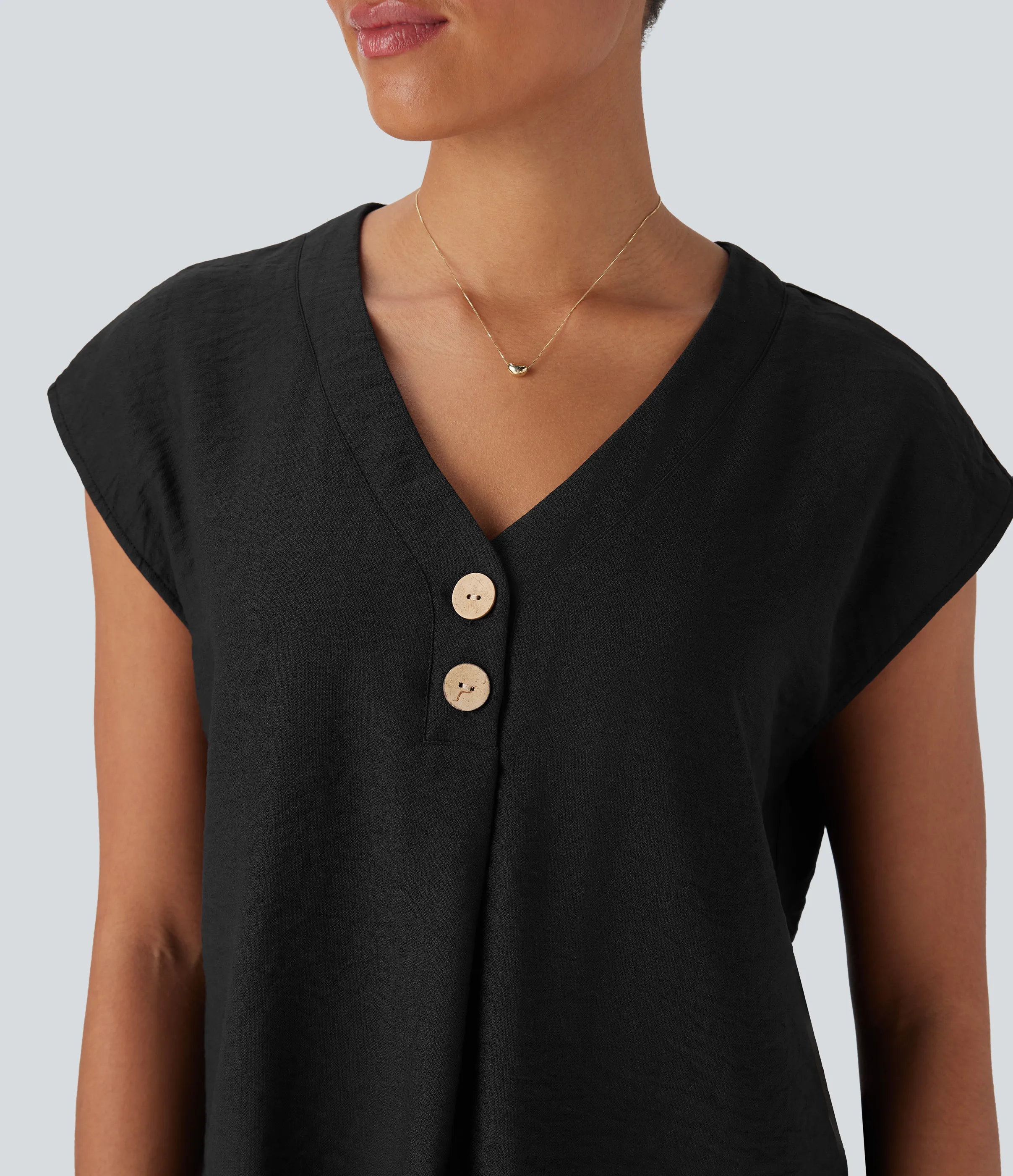 Halara Blusa de oficina de manga corta con botones decorativos y cuello en V - Black - XS sold by Halara product image thumbnail 5