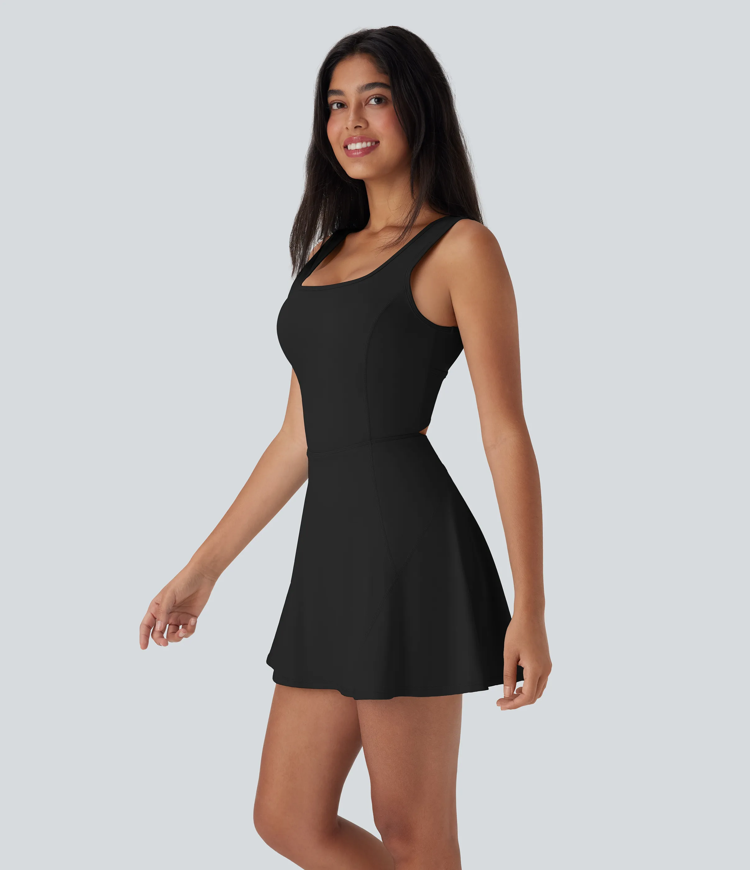 Halara Vestido mini de baile Softlyzero™ Airy 2 en 1 con espalda abierta cruzada y escote en U con bolsillos laterales y fresco al tacto - Easy Peezy - Black - S sold by Halara product image thumbnail 4