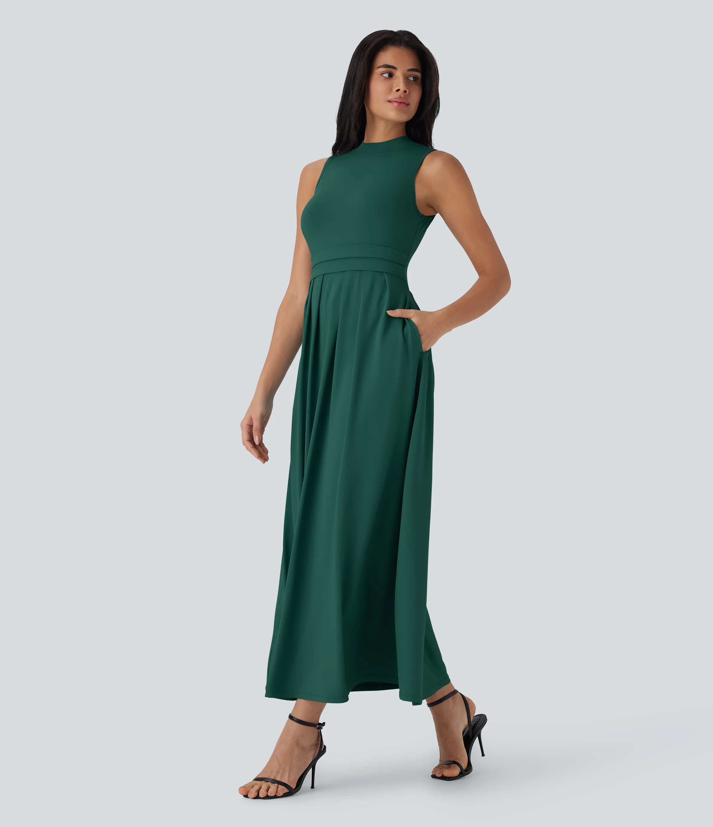 Halara Vestido largo casual sin mangas con cuello alto y bolsillos laterales - Rain Forest - S sold by Halara product image thumbnail 4