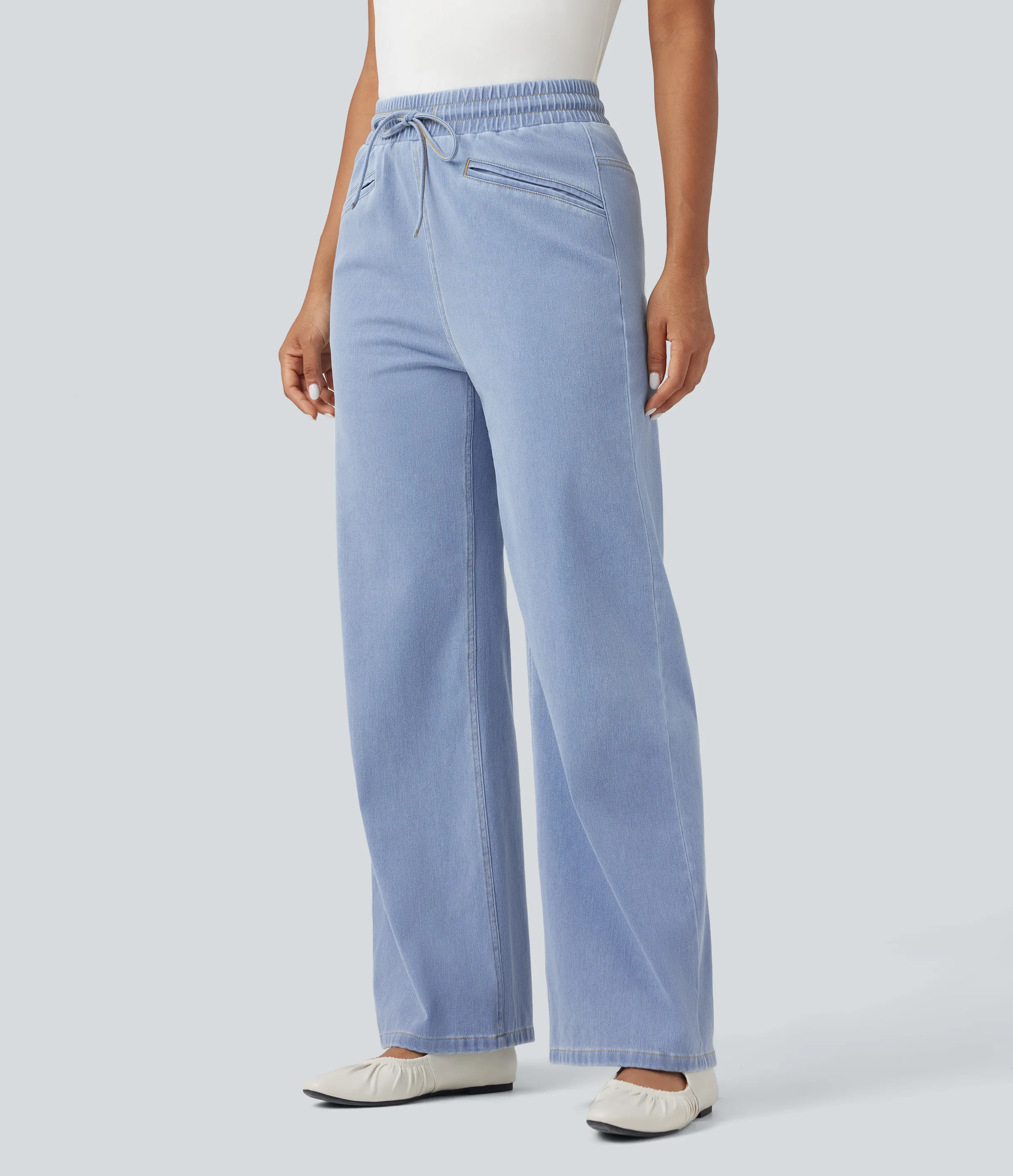 Halara Jeans Halara Flex™ Denim vaquero elástico tacto fresco tiro alto cordón ajustable pierna ancha bolsillo - Baltic Sea Blue Denim - XS(regular) sold by Halara product image thumbnail 4