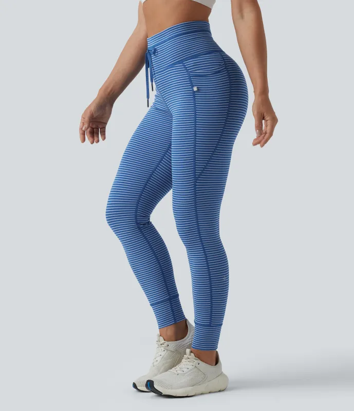 Halara Leggings de yoga de tiro alto a rayas con cordón y bolsillos - Navy Stripe - XL(7/8) sold by Halara