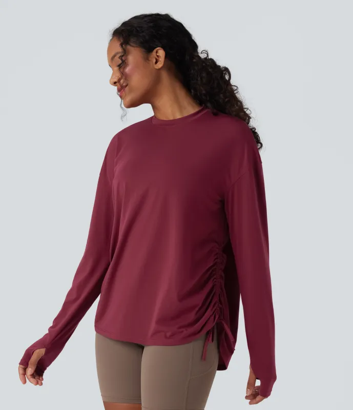 Halara Top deportivo de yoga de manga larga con secado rápido, cuello redondo y abertura para el pulgar con cordón ajustable - Tibetan Red - M sold by Halara