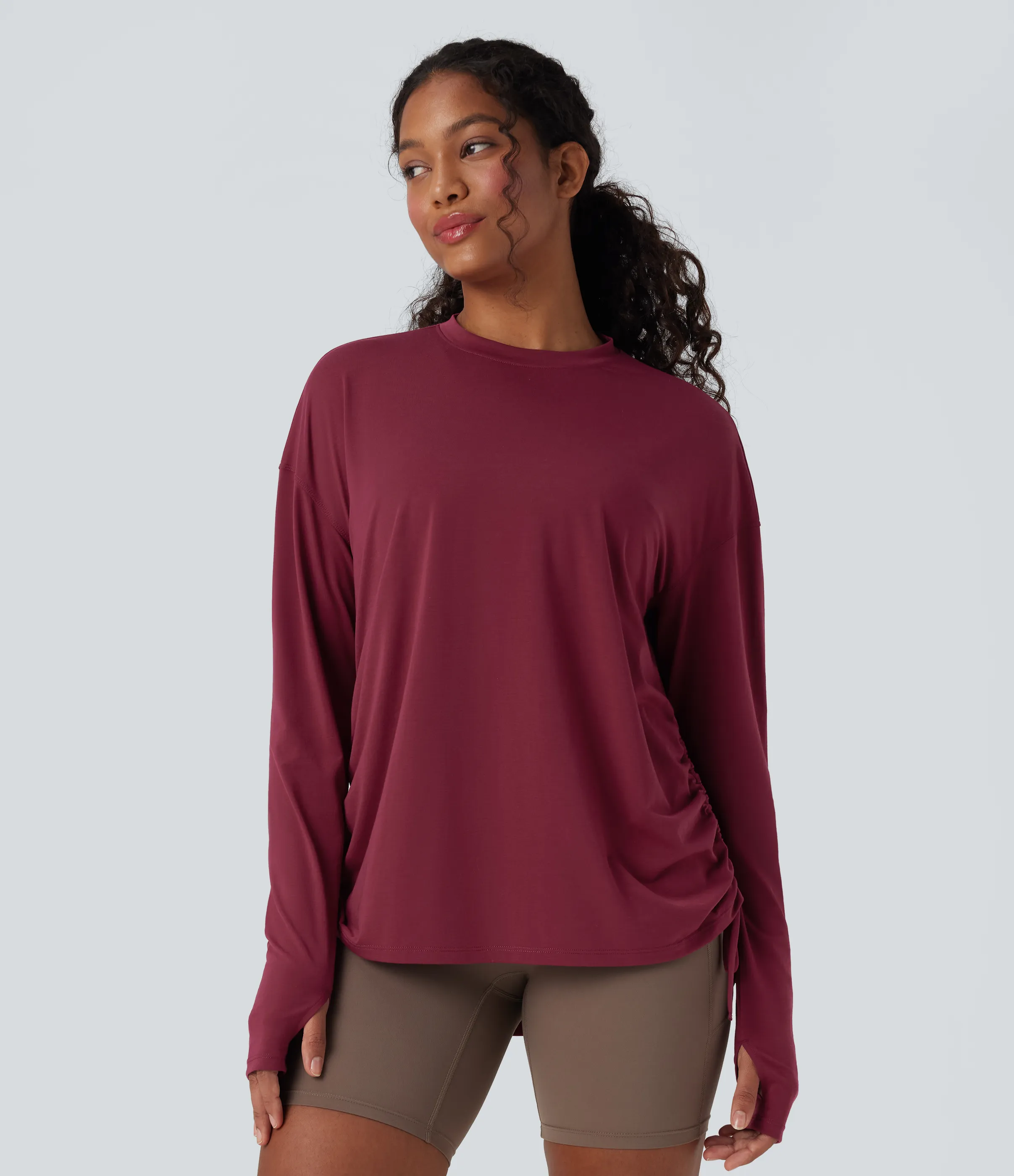 Halara Top deportivo de yoga de manga larga con secado rápido, cuello redondo y abertura para el pulgar con cordón ajustable - Tibetan Red - M sold by Halara product image thumbnail 4