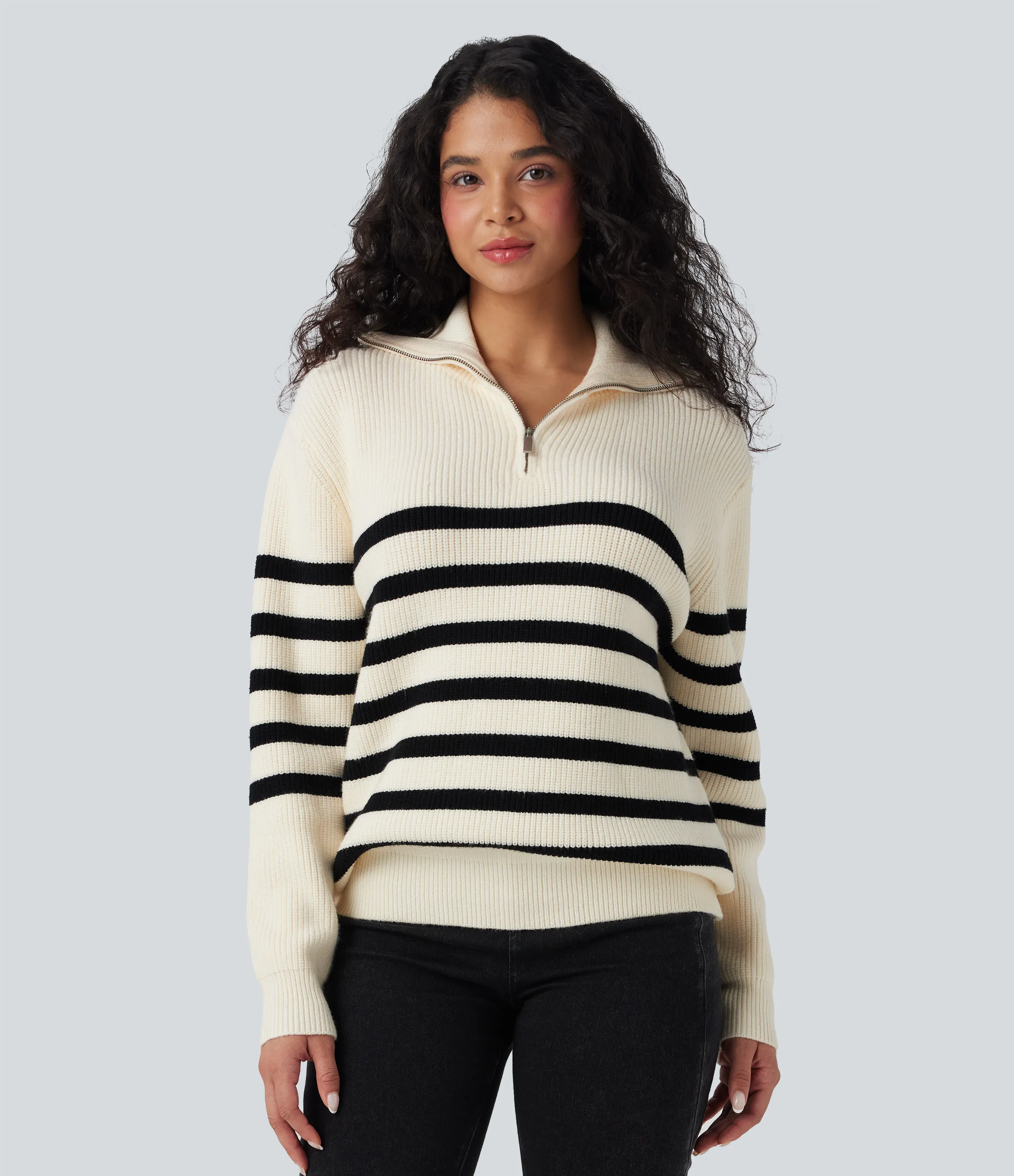 Halara Suéter casual de rayas con bloques de color y solapa con media cremallera - Tofu - L sold by Halara product image thumbnail 2