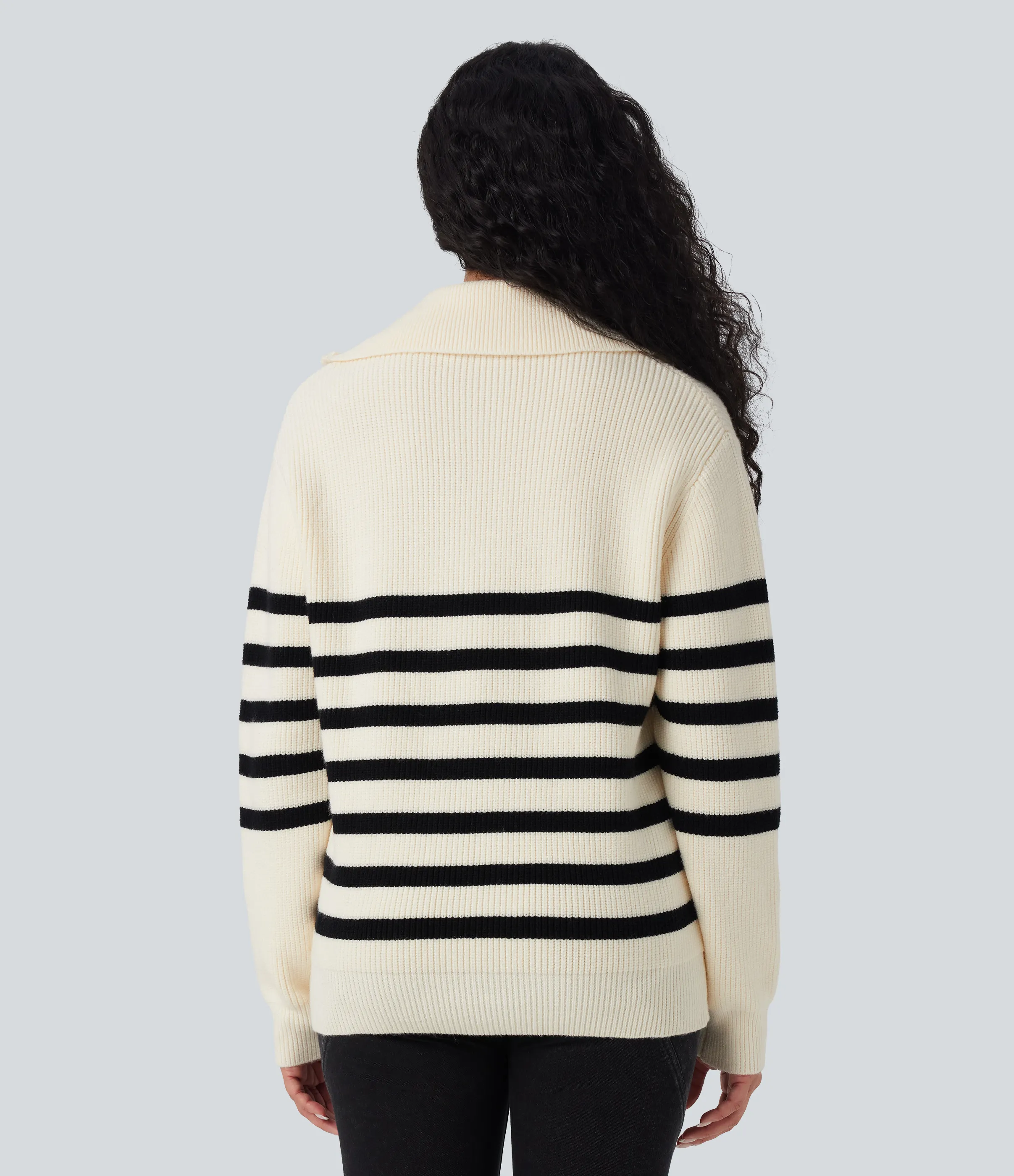 Halara Suéter casual de rayas con bloques de color y solapa con media cremallera - Tofu - L sold by Halara product image thumbnail 3