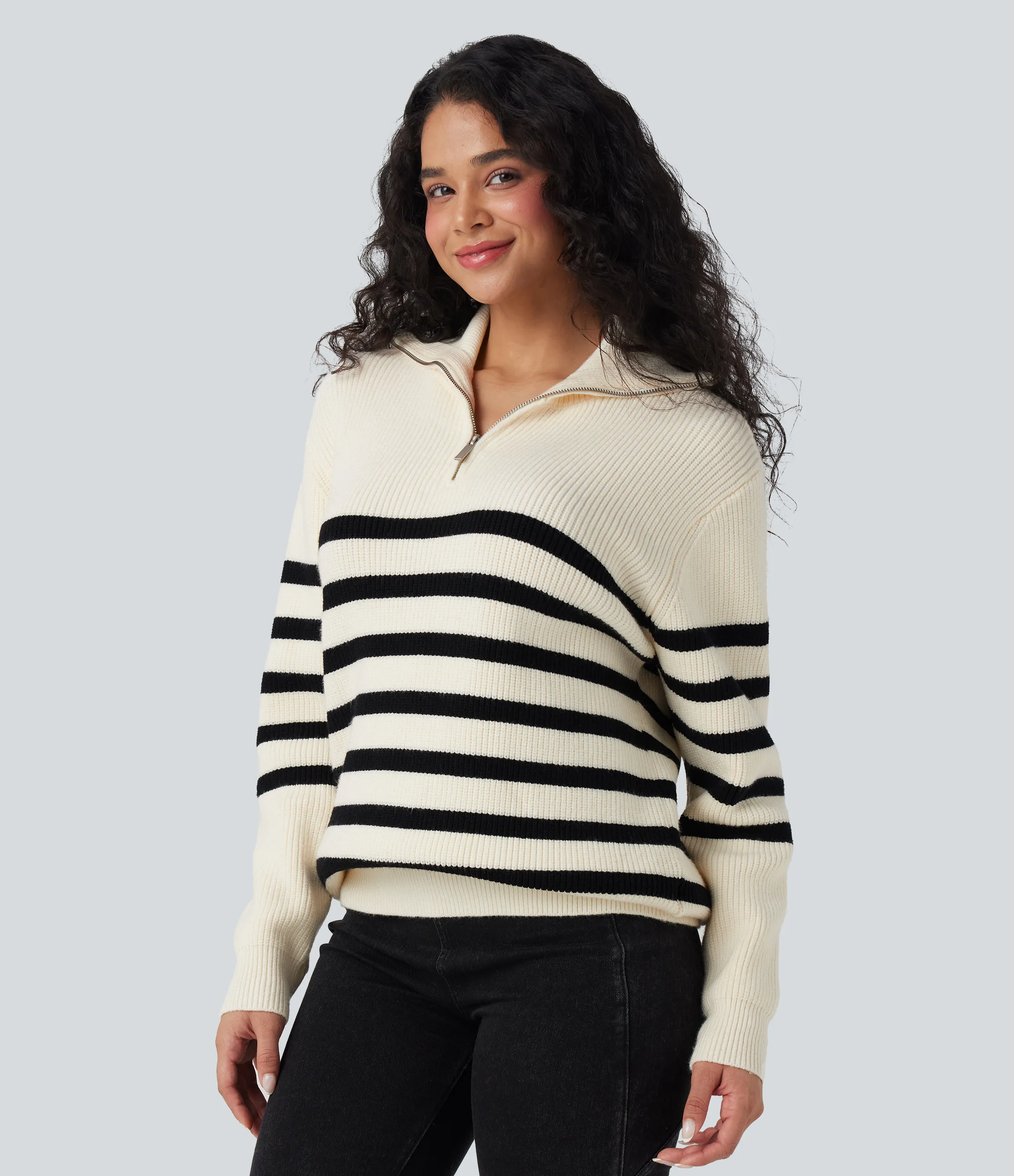 Halara Suéter casual de rayas con bloques de color y solapa con media cremallera - Tofu - L sold by Halara product image thumbnail 4