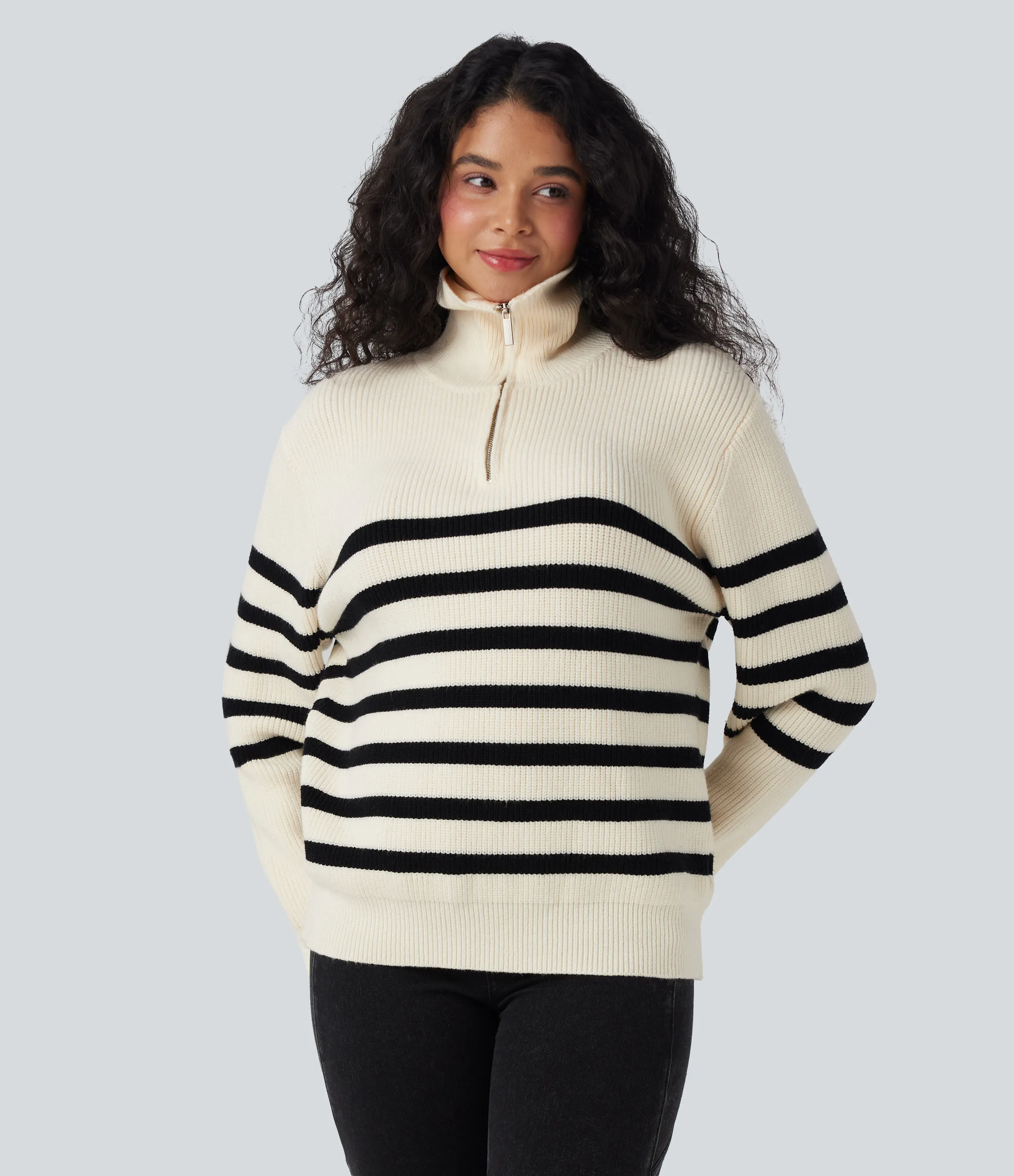 Halara Suéter casual de rayas con bloques de color y solapa con media cremallera - Tofu - L sold by Halara product image thumbnail 5