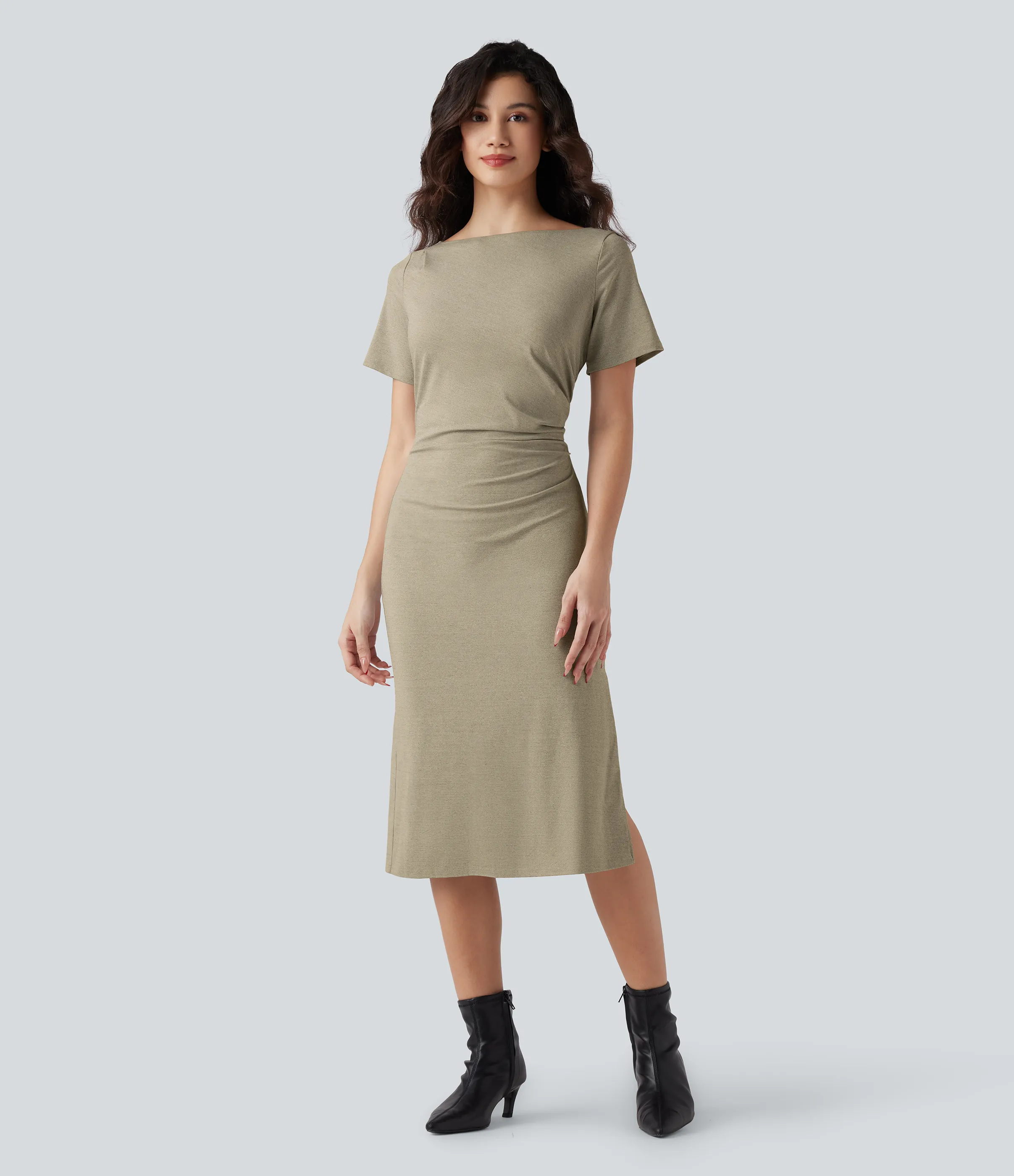 Halara Vestido de oficina midi de manga corta con fruncido - Weathered Teak - XS sold by Halara product image thumbnail 2