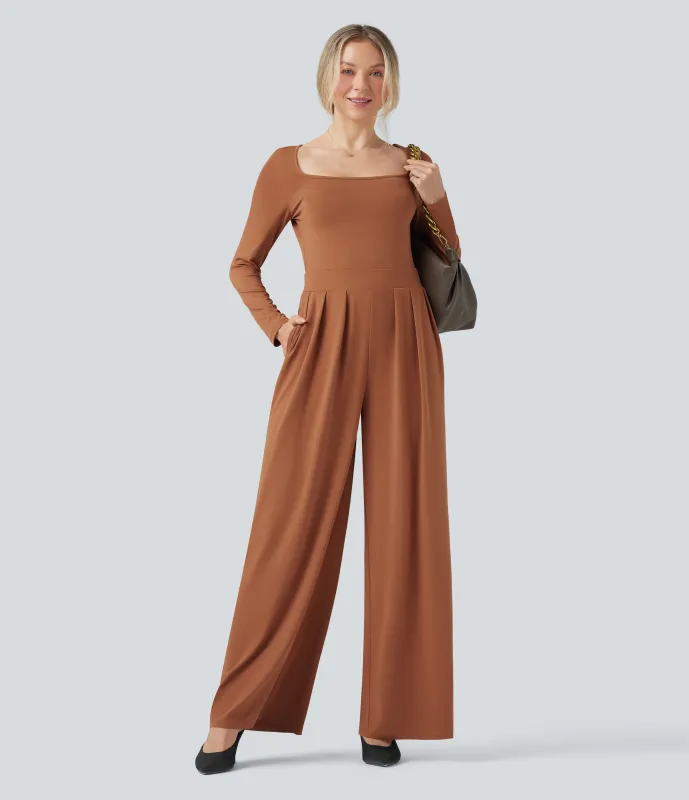 Halara Jumpsuit casual de pierna ancha y manga larga con cuello en U y bolsillos - Sudan Brown - XL(regular) made by Halara