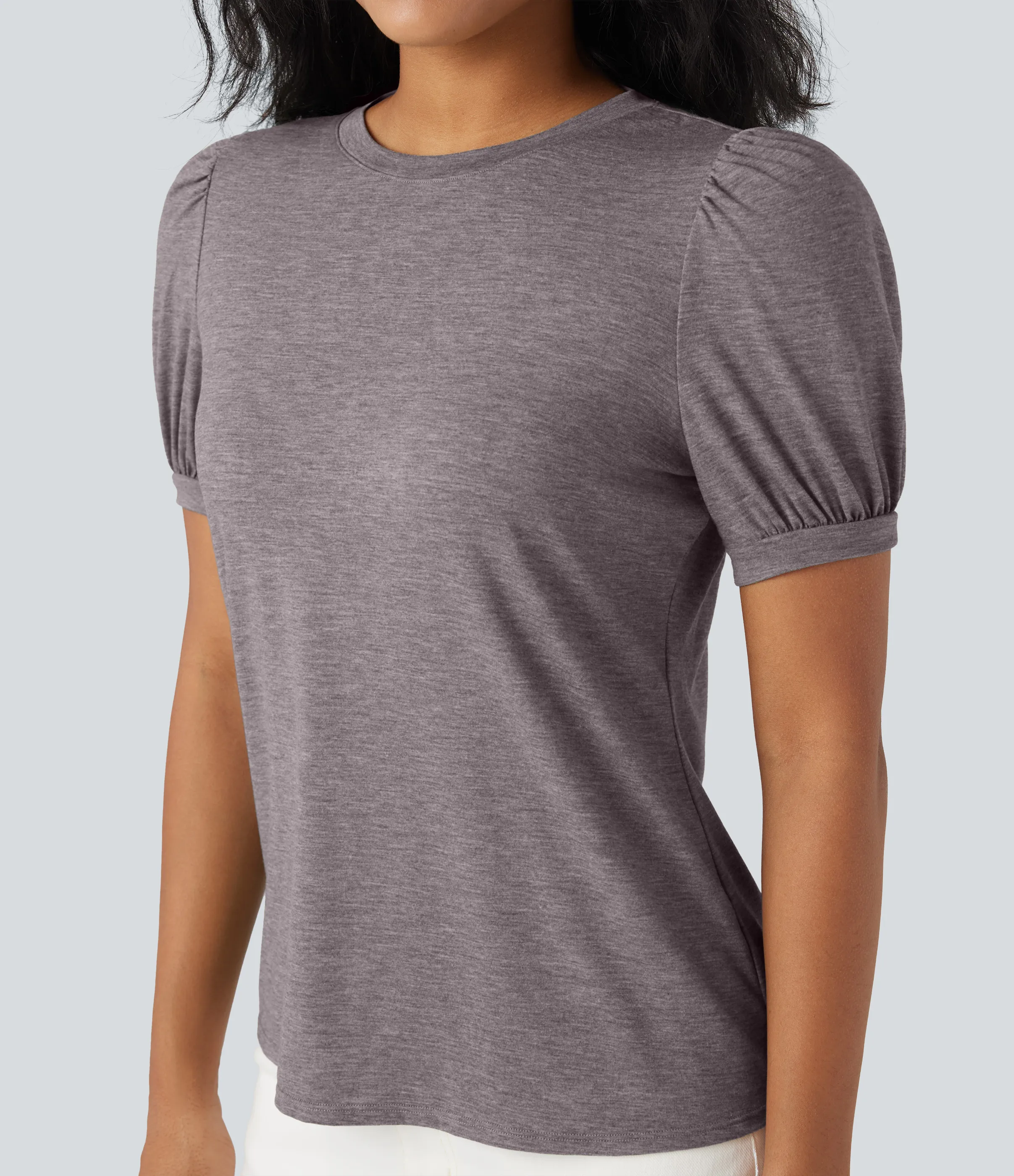 Halara Top casual de cuello redondo y manga corta abullonada - Deep Tea Brown Floral Yarn - XL sold by Halara product image thumbnail 5