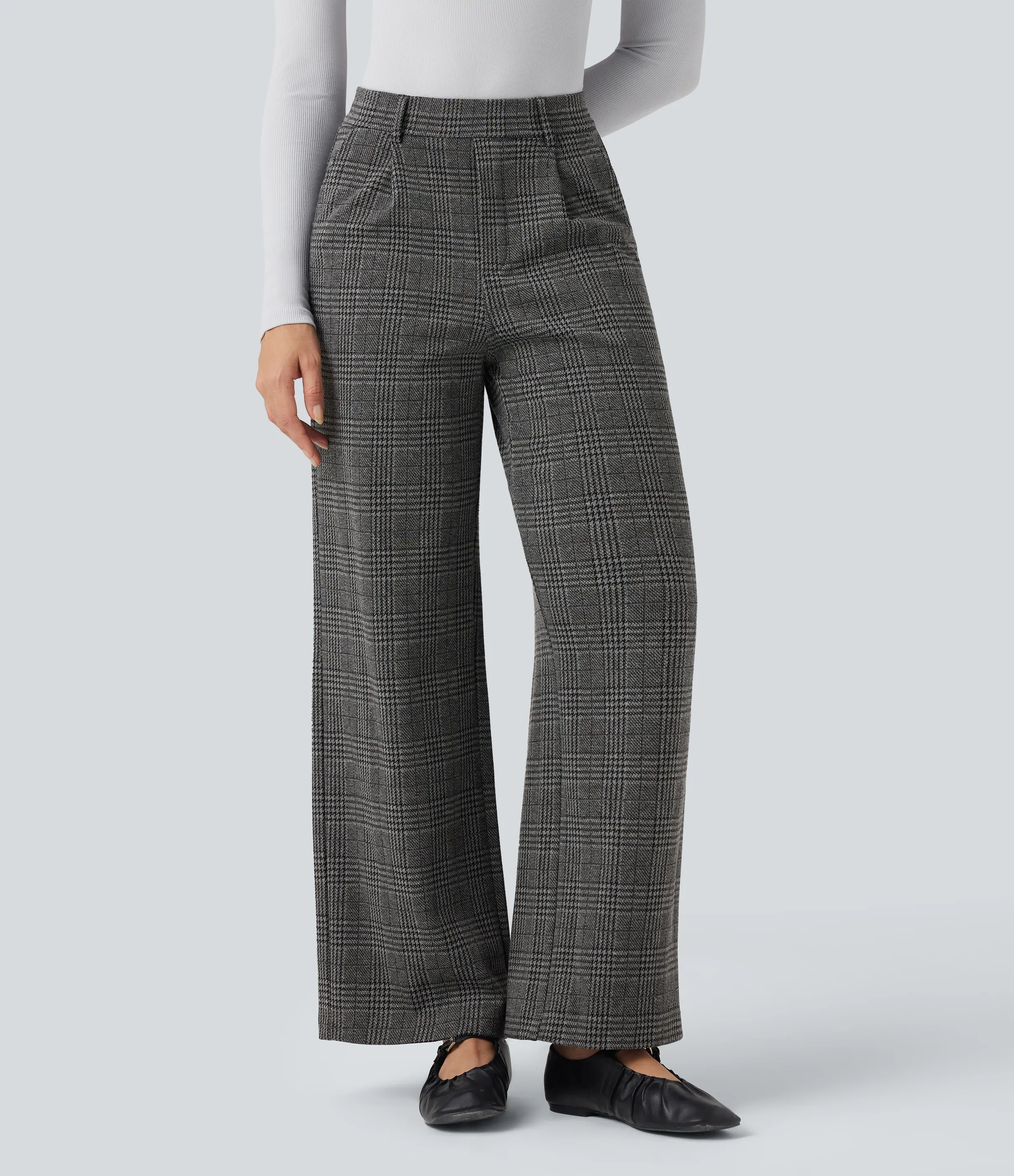 Halara Pantalones de oficina rectos Halara Flex™ de tiro alto con de pata de gallo y bolsillos - Dark Gray Plaid - L(regular) sold by Halara product image thumbnail 3