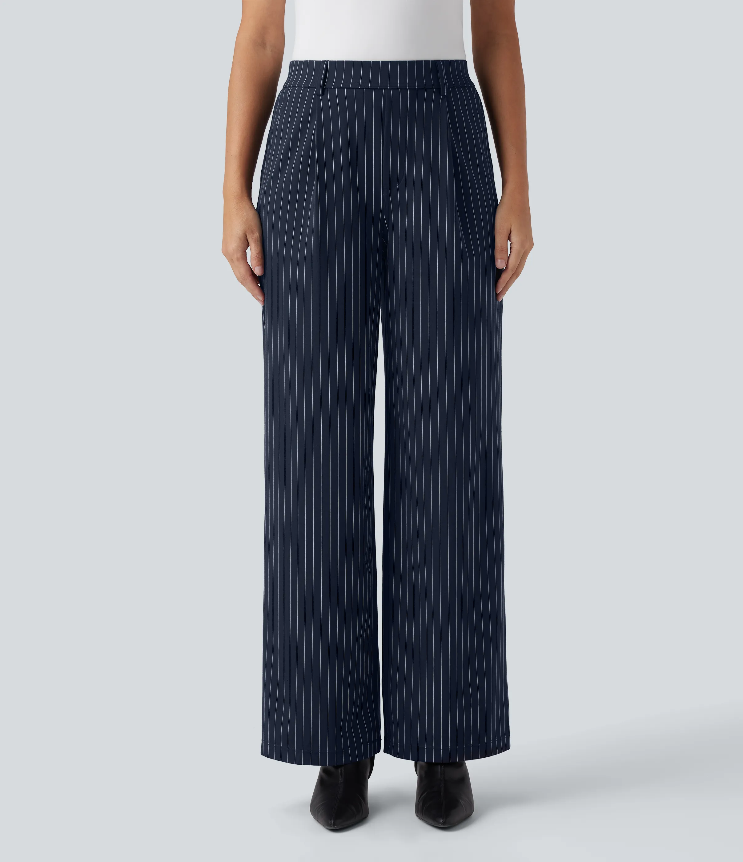 Halara Pantalones de oficina rectos de tiro alto con rayas y tacto fresco con bolsillos - Navy Pinstripe - L(regular) sold by Halara product image thumbnail 3