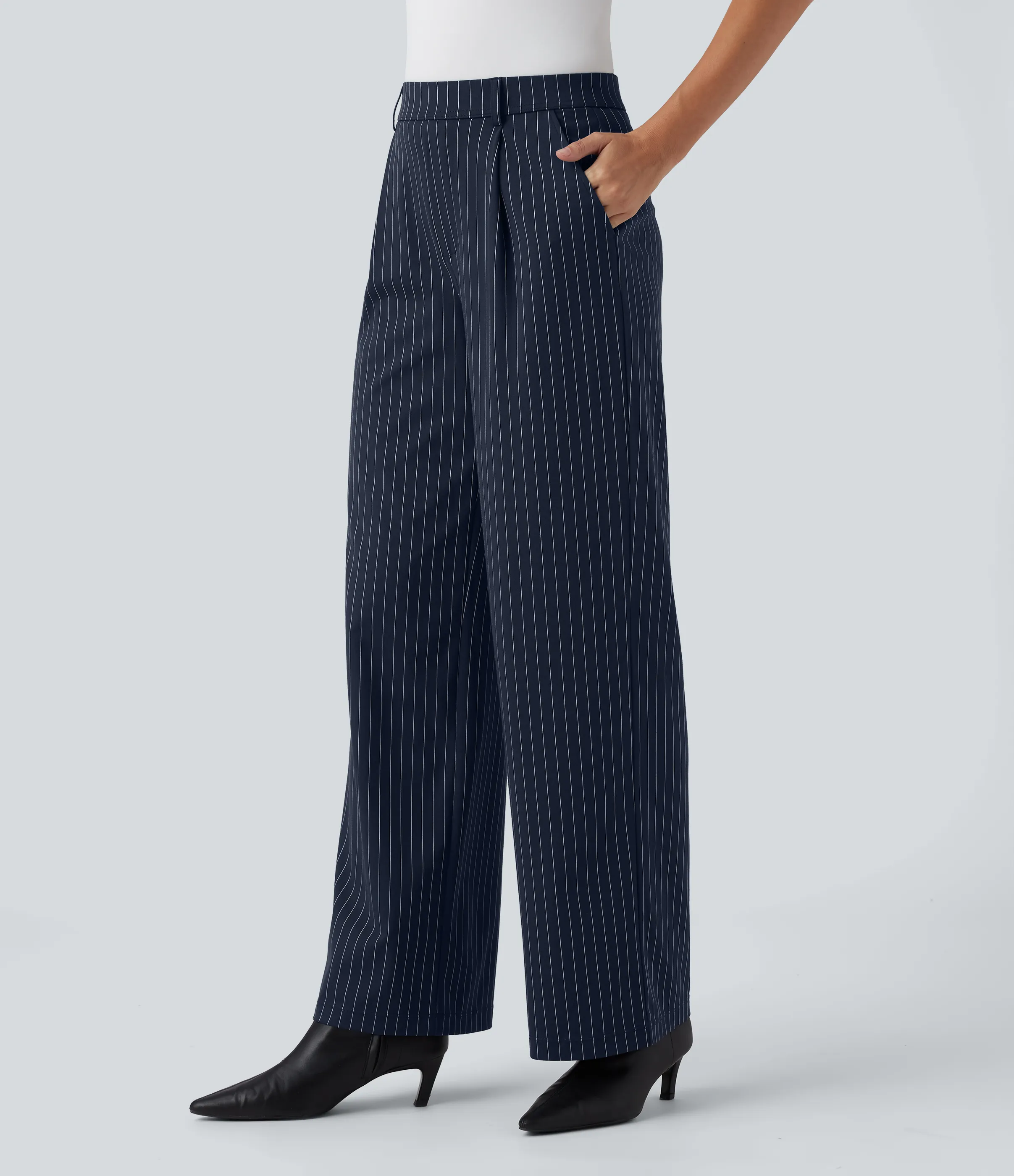 Halara Pantalones de oficina rectos de tiro alto con rayas y tacto fresco con bolsillos - Navy Pinstripe - L(regular) sold by Halara product image thumbnail 4