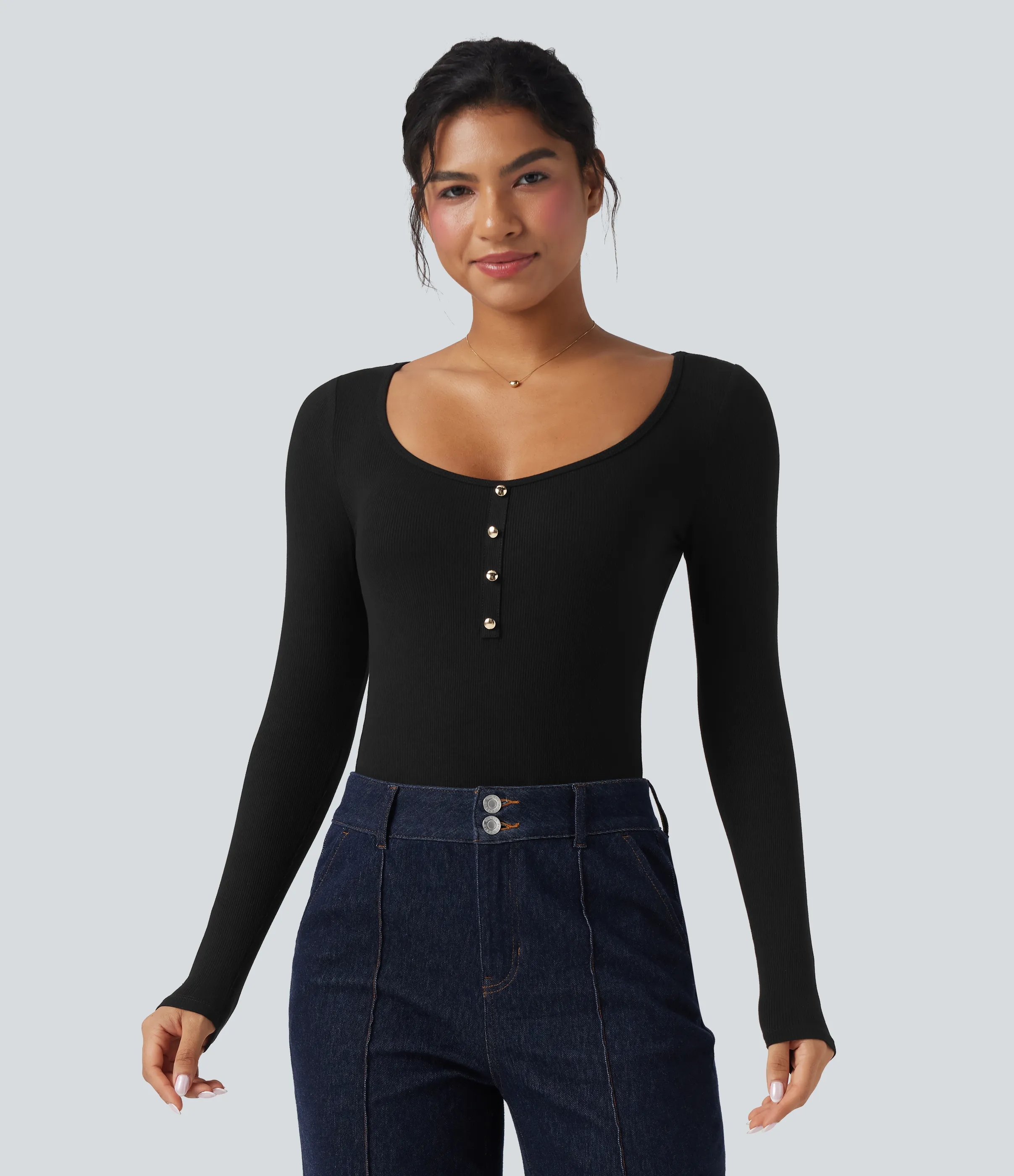 Halara Body de oficina de manga larga con cuello en U y punto acanalado - Black - L sold by Halara product image thumbnail 2