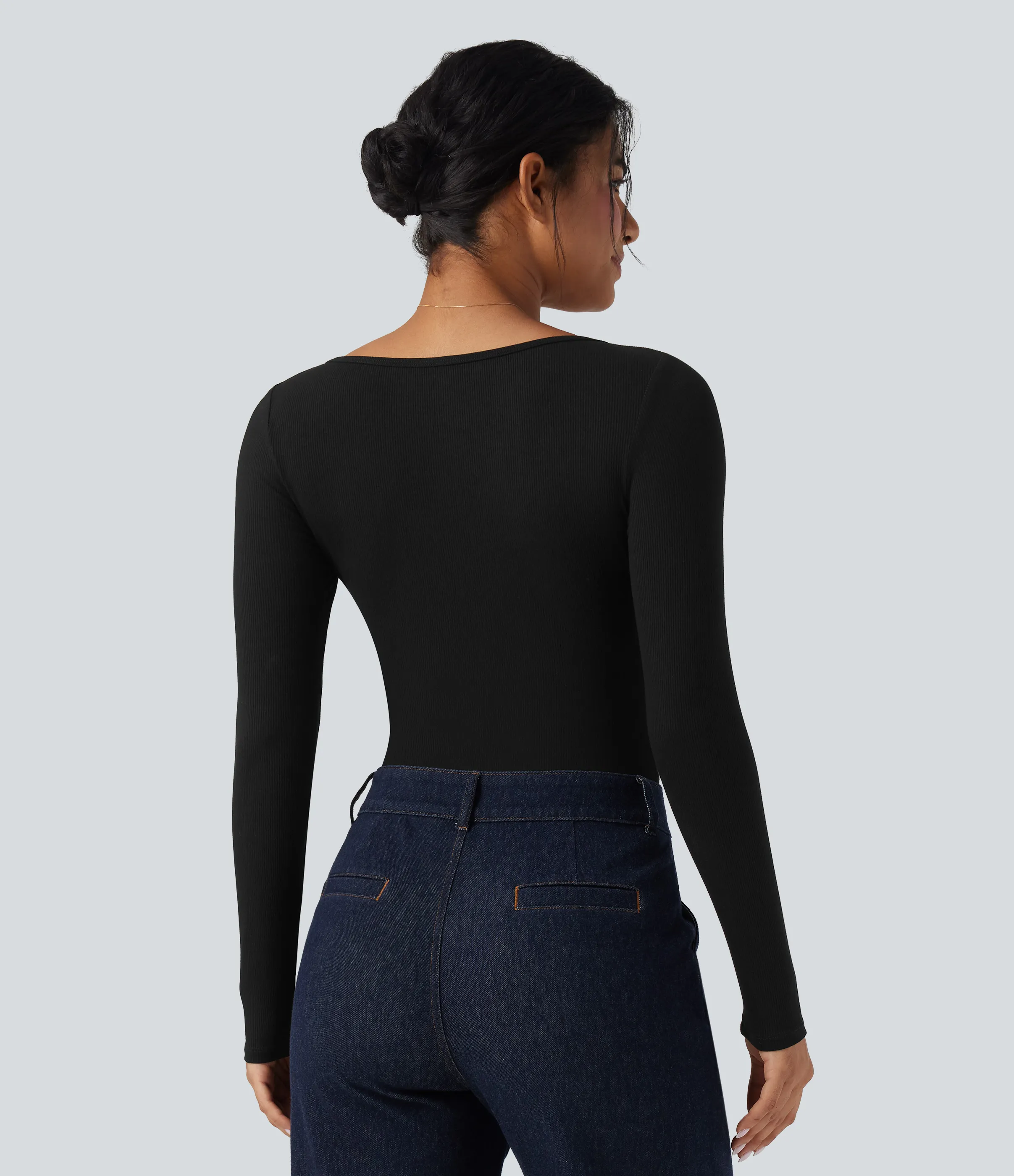 Halara Body de oficina de manga larga con cuello en U y punto acanalado - Black - L sold by Halara product image thumbnail 4