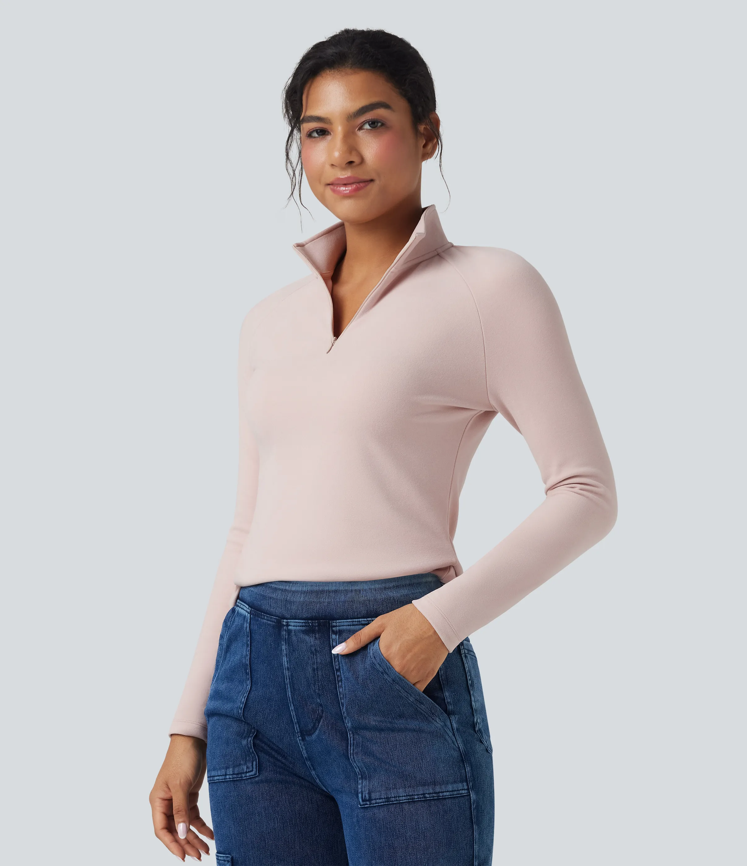 Halara Top casual de polar de manga larga con media cremallera - Tea Pink - XL sold by Halara product image thumbnail 4