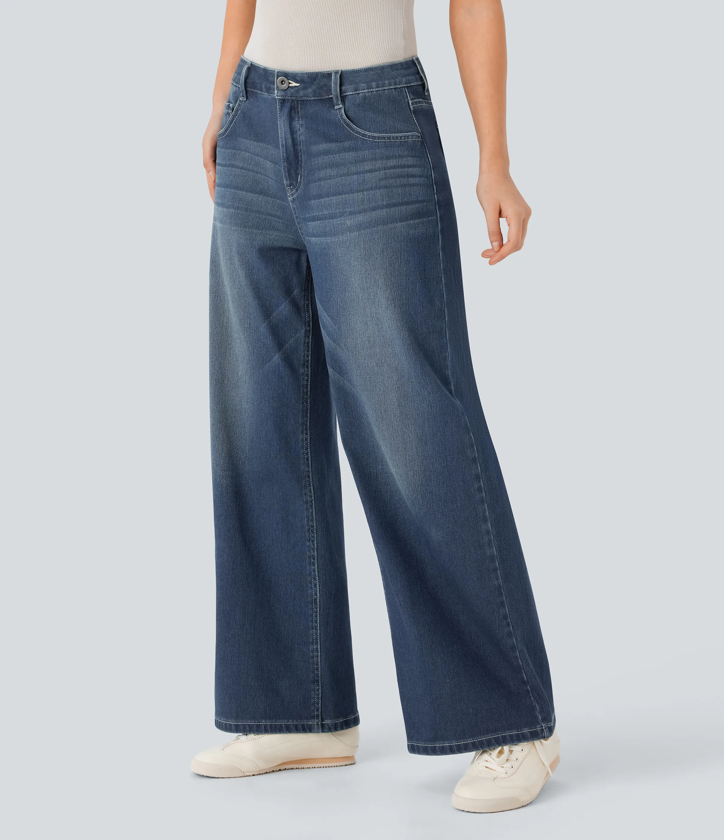 Halara Jeans Baggy Halara Flex™ Denim tiro bajo botón cremallera múltiple bolsillo elástico lavado holgado pierna ancha - Cedar Blue Denim - M(tall) sold by Halara product image thumbnail 4