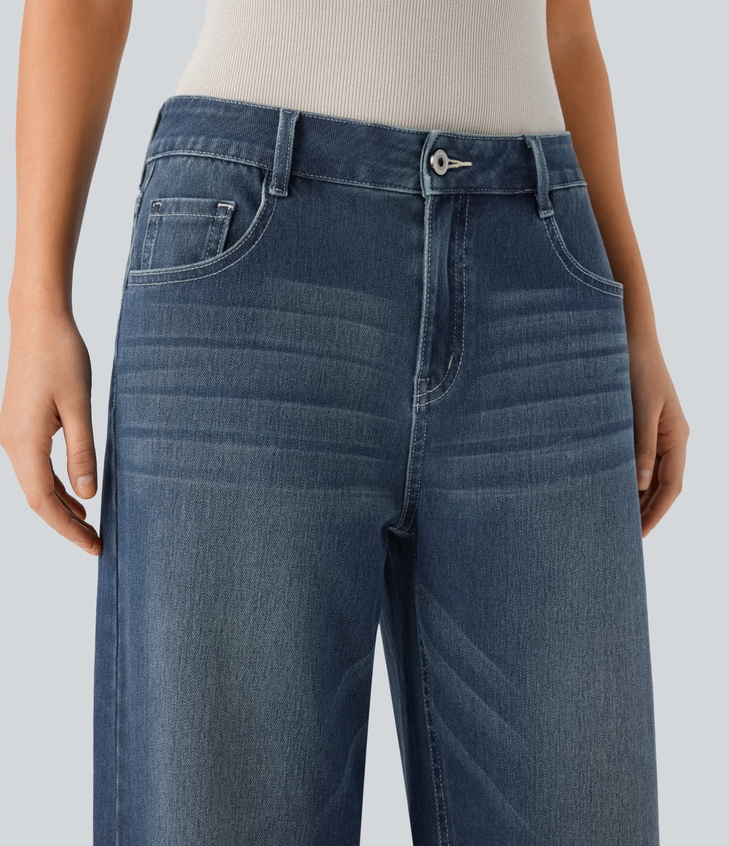 Halara Jeans Baggy Halara Flex™ Denim tiro bajo botón cremallera múltiple bolsillo elástico lavado holgado pierna ancha - Cedar Blue Denim - M(tall) sold by Halara product image thumbnail 5