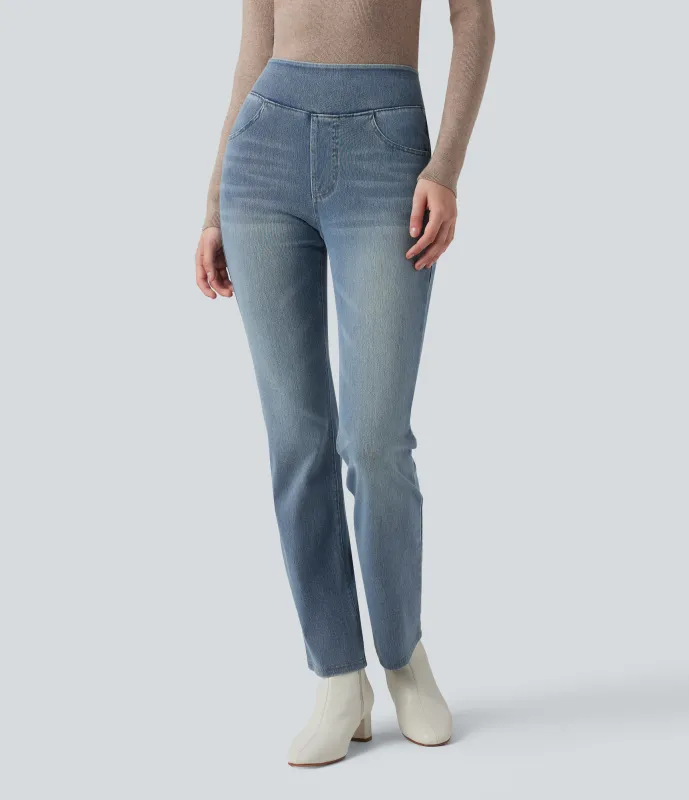 Halara Jeans Halara Flex™ Denim tiro alto lavado elástico múltiple bolsillo corte acampanado - Sunset Blue Denim - M(regular) sold by Halara