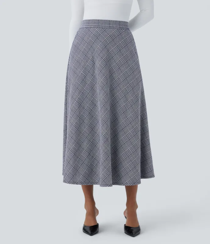 Halara Falda midi acampanada cuadro pata gallo bolsillo lateral tiro alto - Navy Blue Houndstooth Plaid - XS(regular) sold by Halara