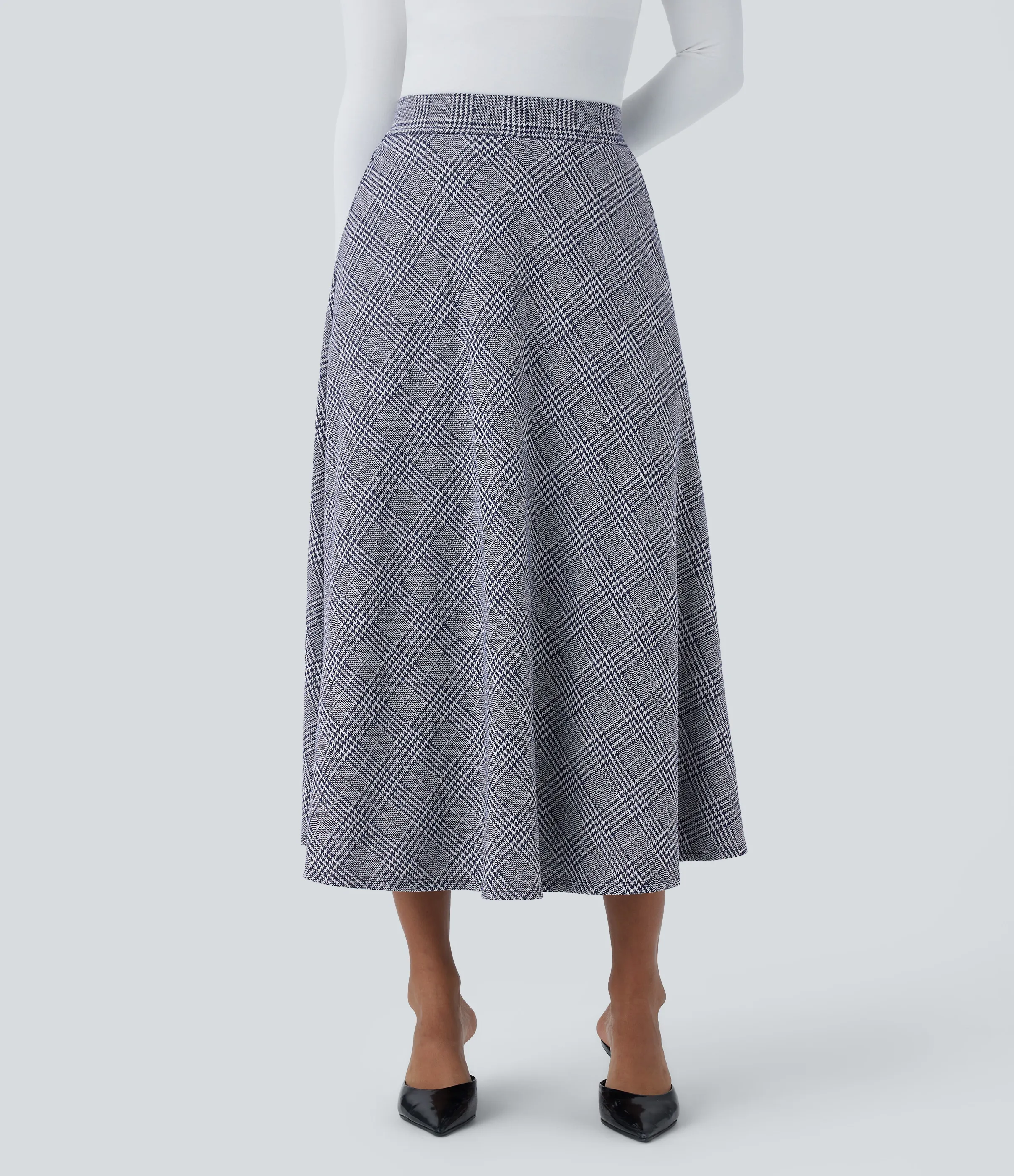 Halara Falda midi acampanada cuadro pata gallo bolsillo lateral tiro alto - Navy Blue Houndstooth Plaid - XS(regular) sold by Halara