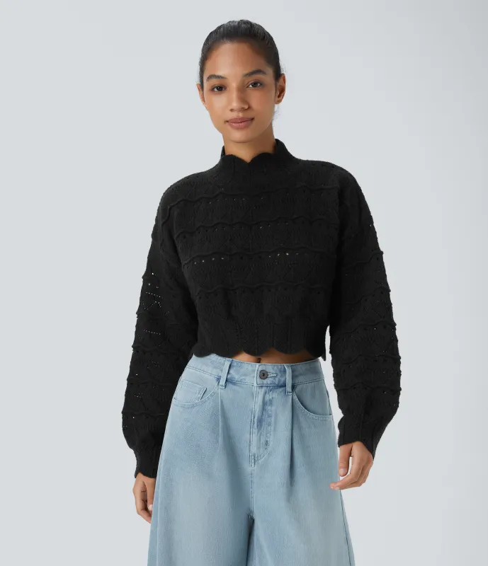 Halara Suéter abierto dobladillo festoneado manga obispo cuello alto - Black - S sold by Halara