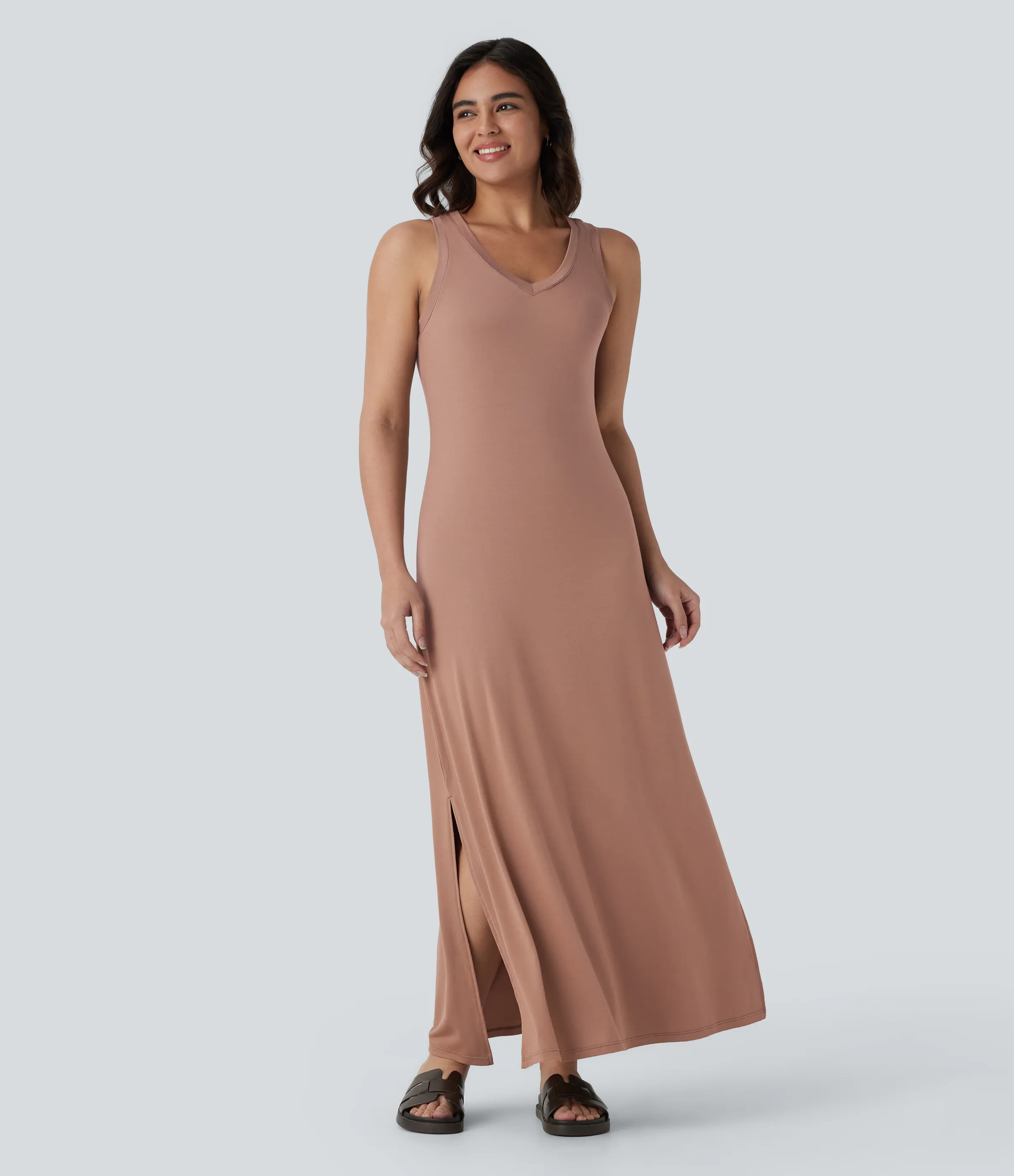 Halara Vestido maxi sin mangas cuello V abertura - Praline - L sold by Halara