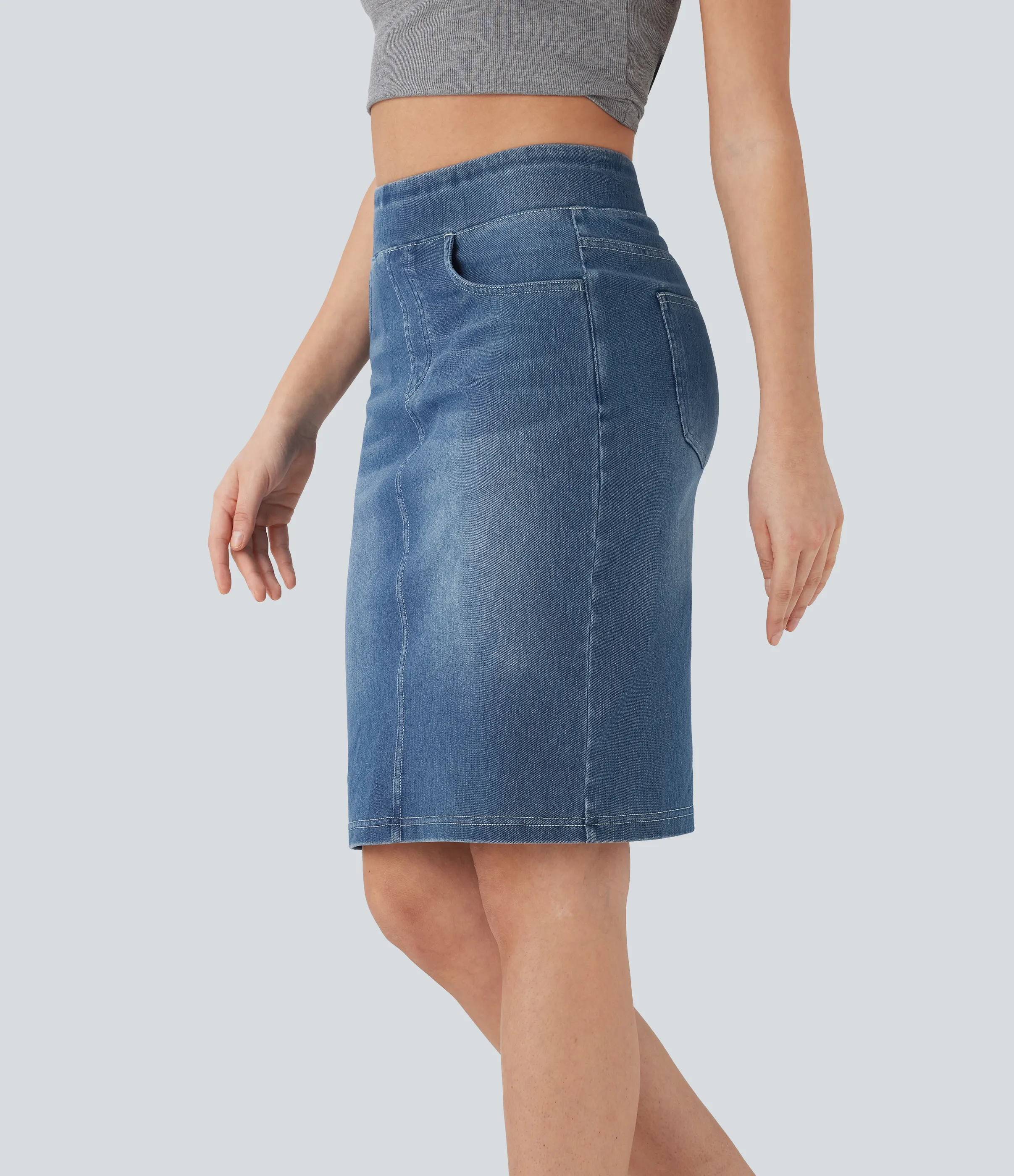 Halara Falda Halara Flex™ Denim mezclilla elástico lavada dividida múltiple bolsillo tiro alto - Frost Blue Denim - XL(regular) sold by Halara product image thumbnail 4