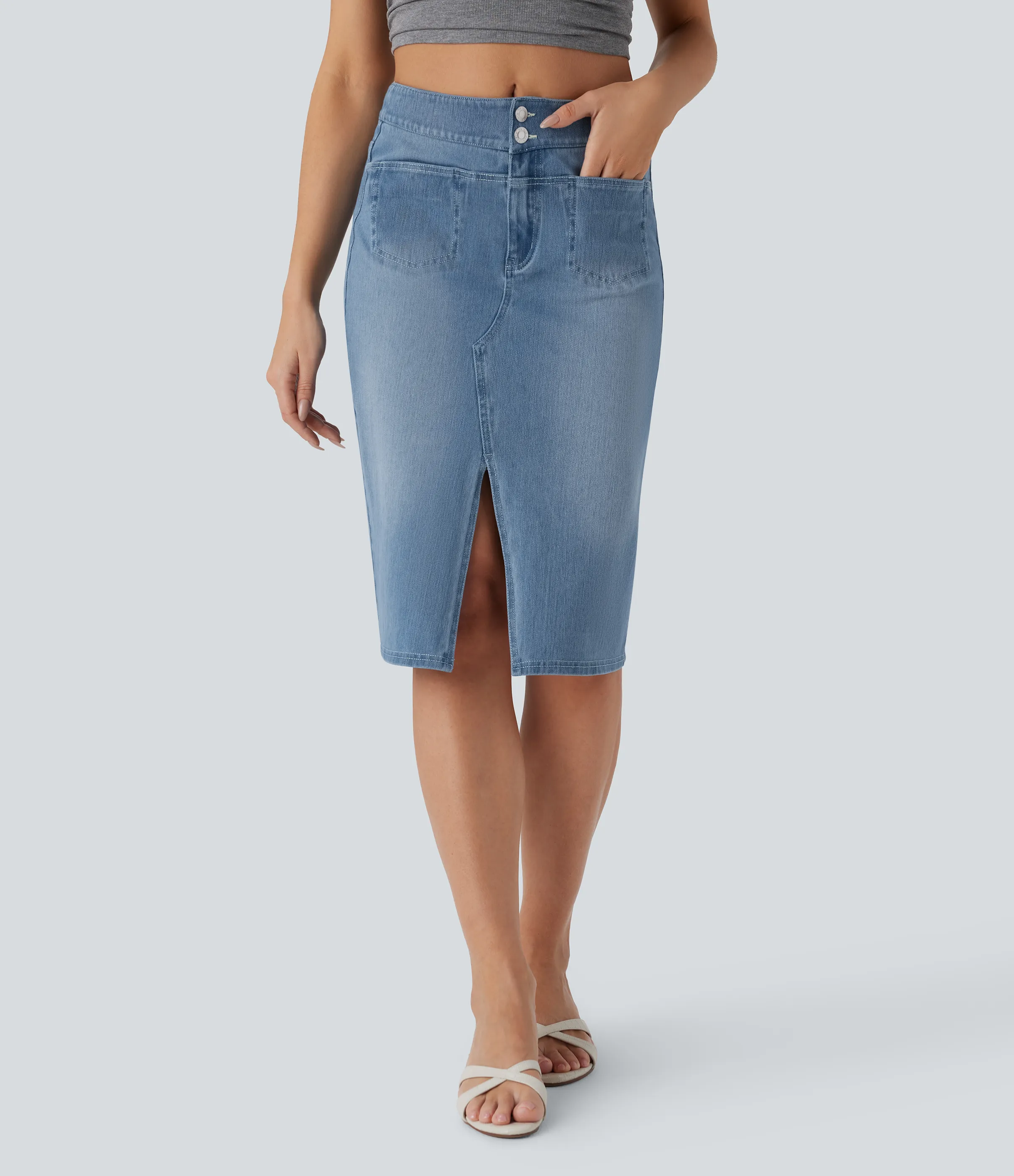 Halara Falda Halara Flex™ Denim mezclilla elástico lavada recta dividida múltiple bolsillo tiro medio - White Blue Denim - XS(regular) sold by Halara product image thumbnail 2