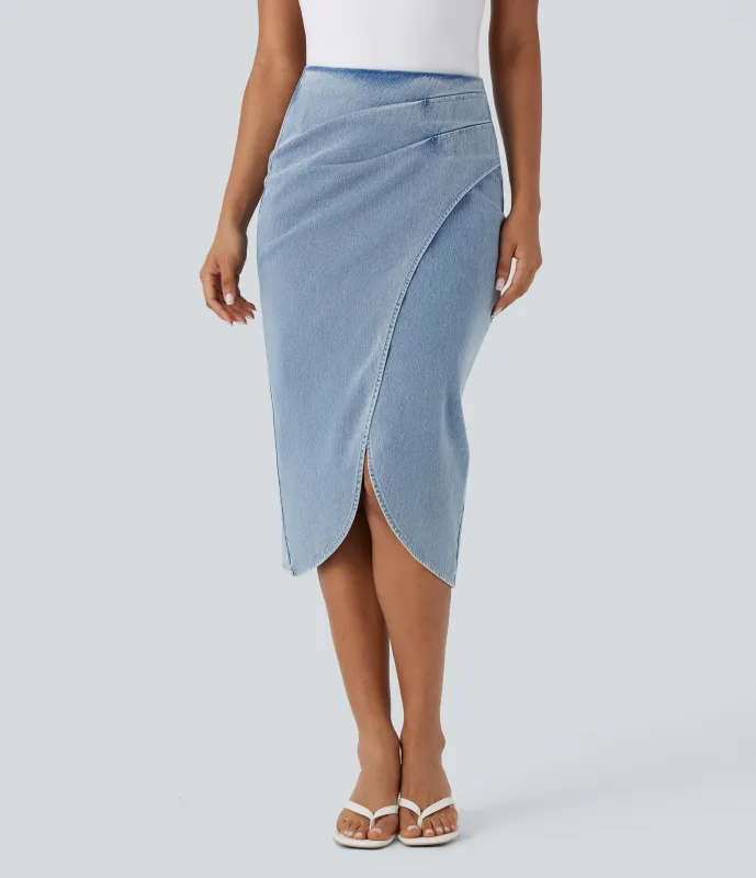 Halara Falda Midi Halara Flex™ Denim elástico lavado media pierna dobladillo fruncido cremallera espalda tiro alto - Sunset Blue Denim - XL(regular) sold by Halara