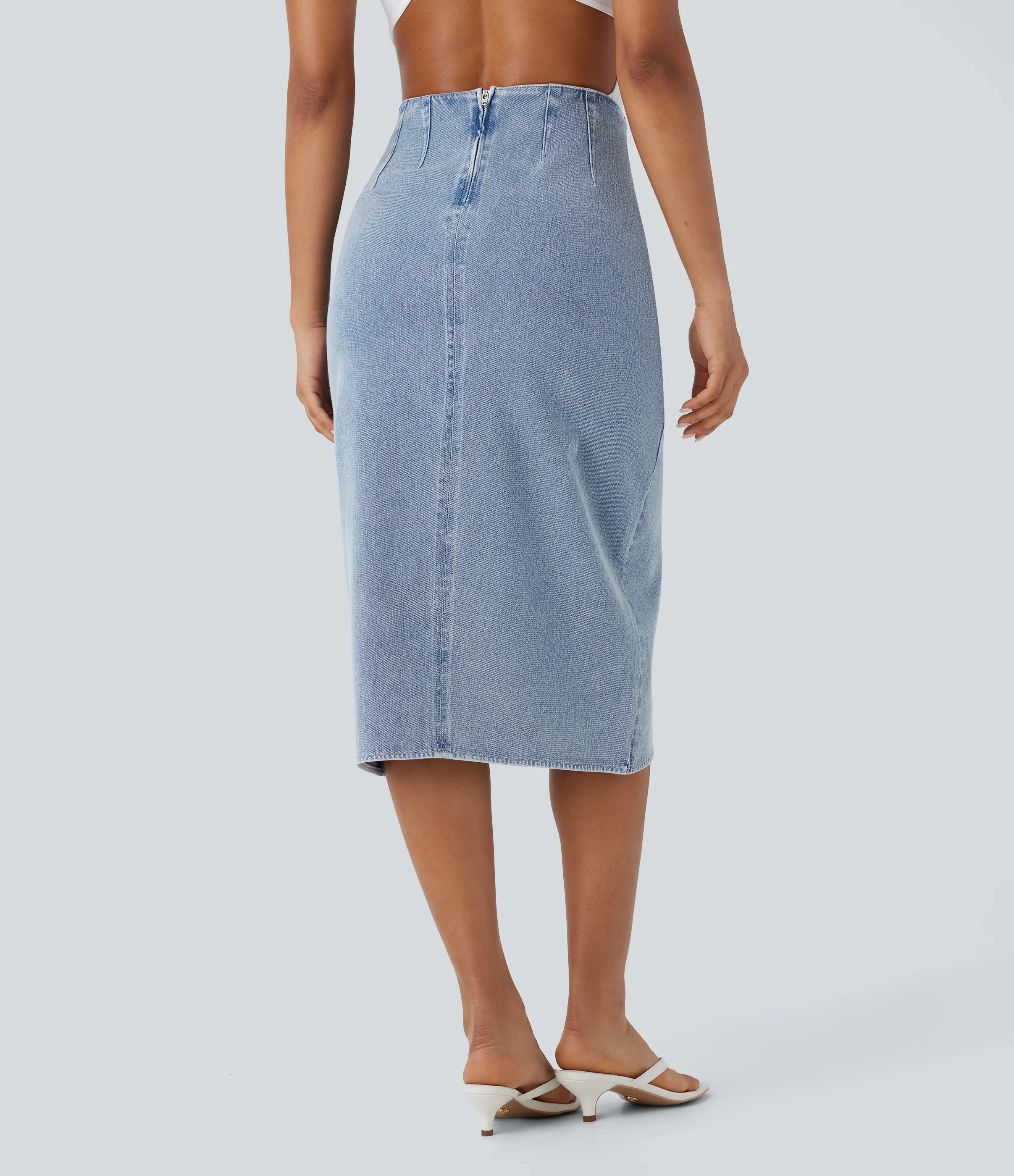 Halara Falda Midi Halara Flex™ Denim elástico lavado media pierna dobladillo fruncido cremallera espalda tiro alto - Sunset Blue Denim - XL(regular) sold by Halara product image thumbnail 3