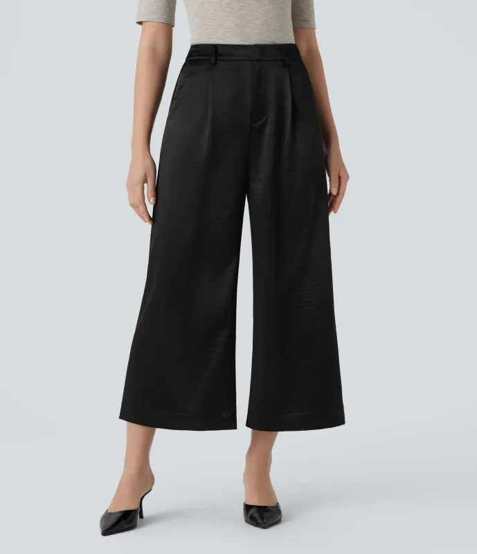 Halara Pantalón oficina tiro alto bolsillo lateral satén pierna ancha - Black - XS(regular) sold by Halara