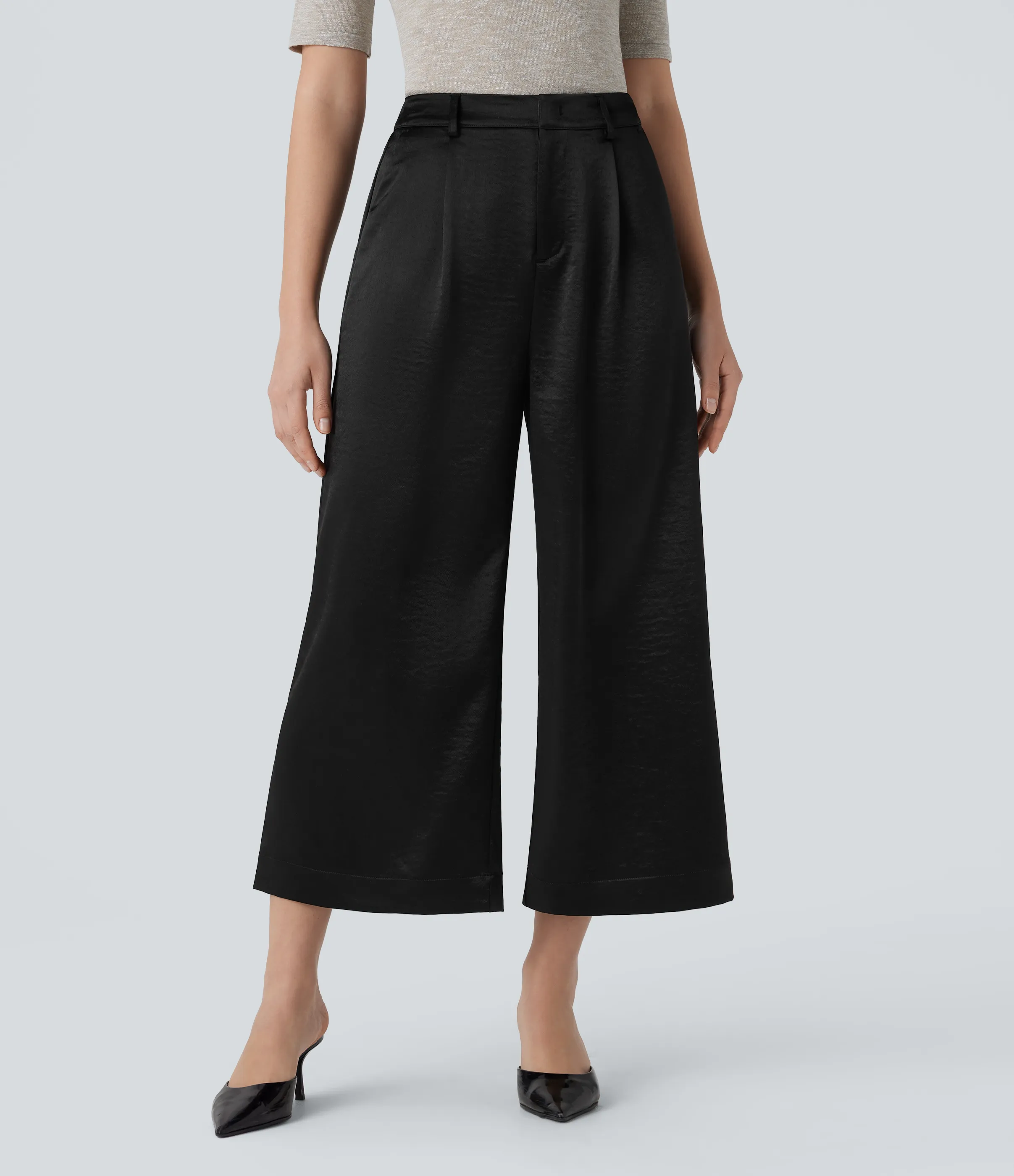 Halara Pantalón oficina tiro alto bolsillo lateral satén pierna ancha - Black - XS(regular) sold by Halara product image thumbnail 2