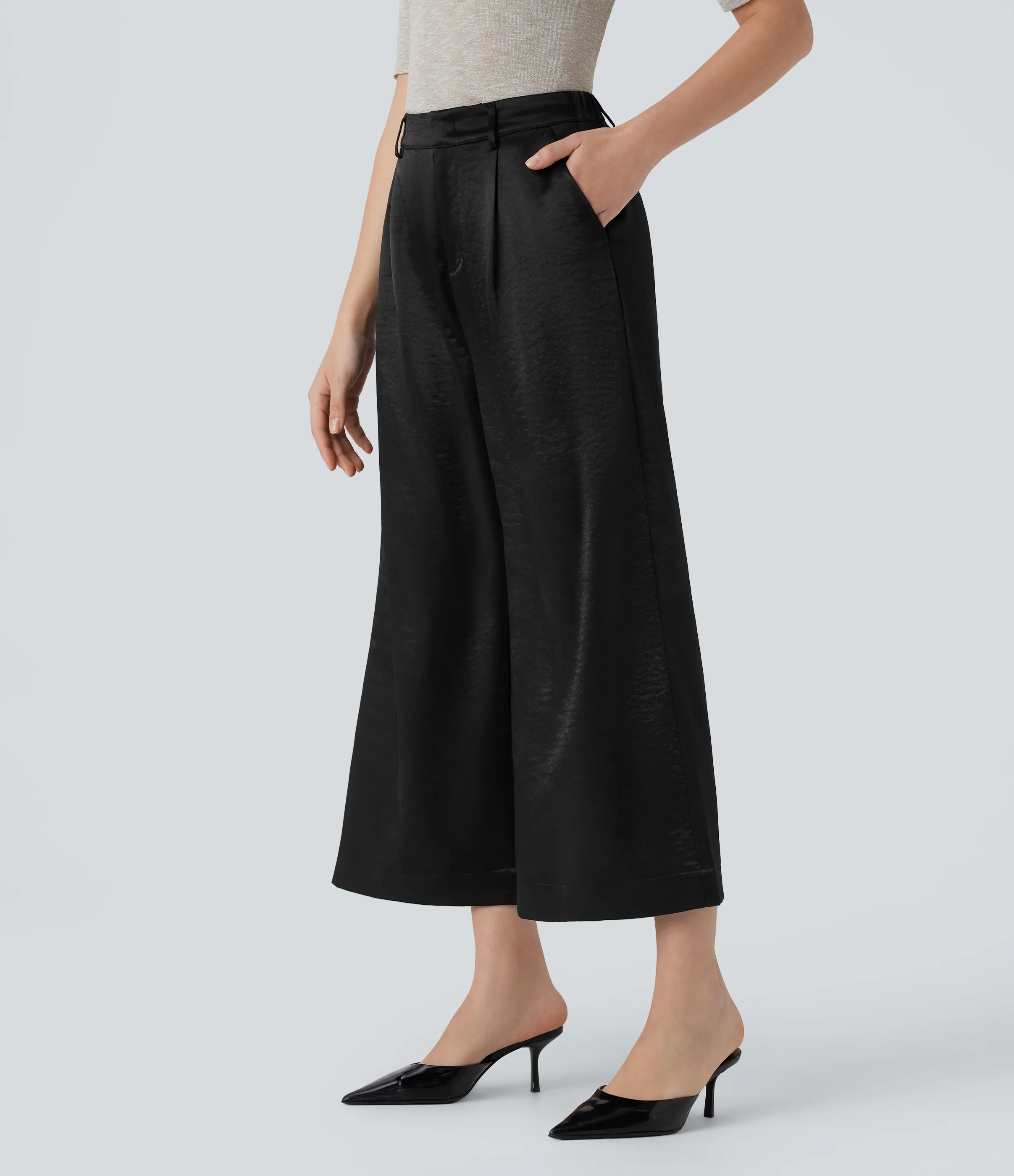 Halara Pantalón oficina tiro alto bolsillo lateral satén pierna ancha - Black - XS(regular) sold by Halara product image thumbnail 4