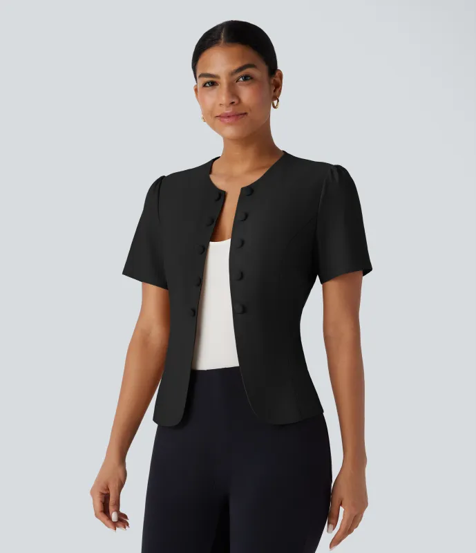 Halara Chaqueta oficina ajustada botón decorativo manga corta cuello redondo - Black - L sold by Halara
