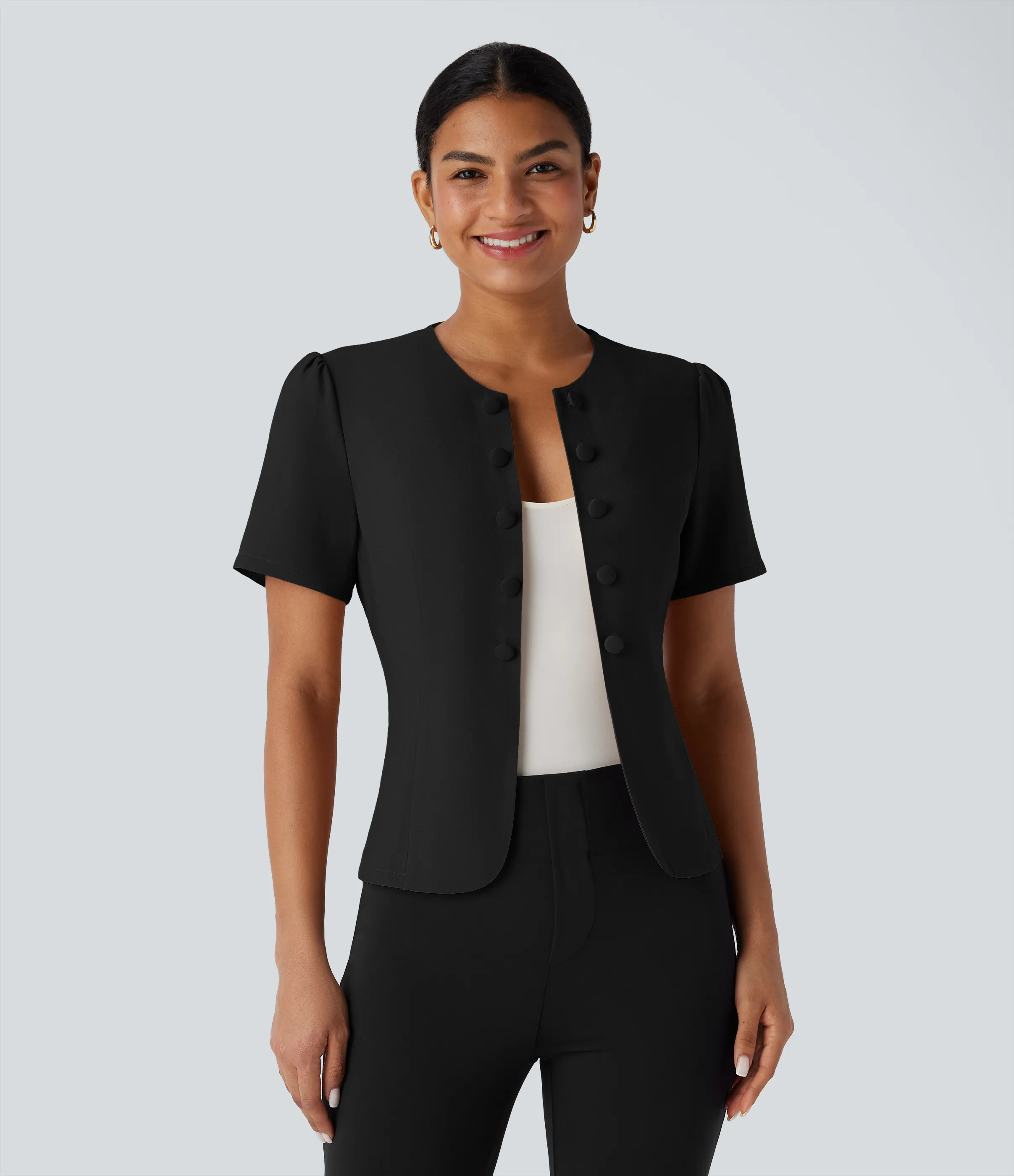 Halara Chaqueta oficina ajustada botón decorativo manga corta cuello redondo - Black - L sold by Halara product image thumbnail 4