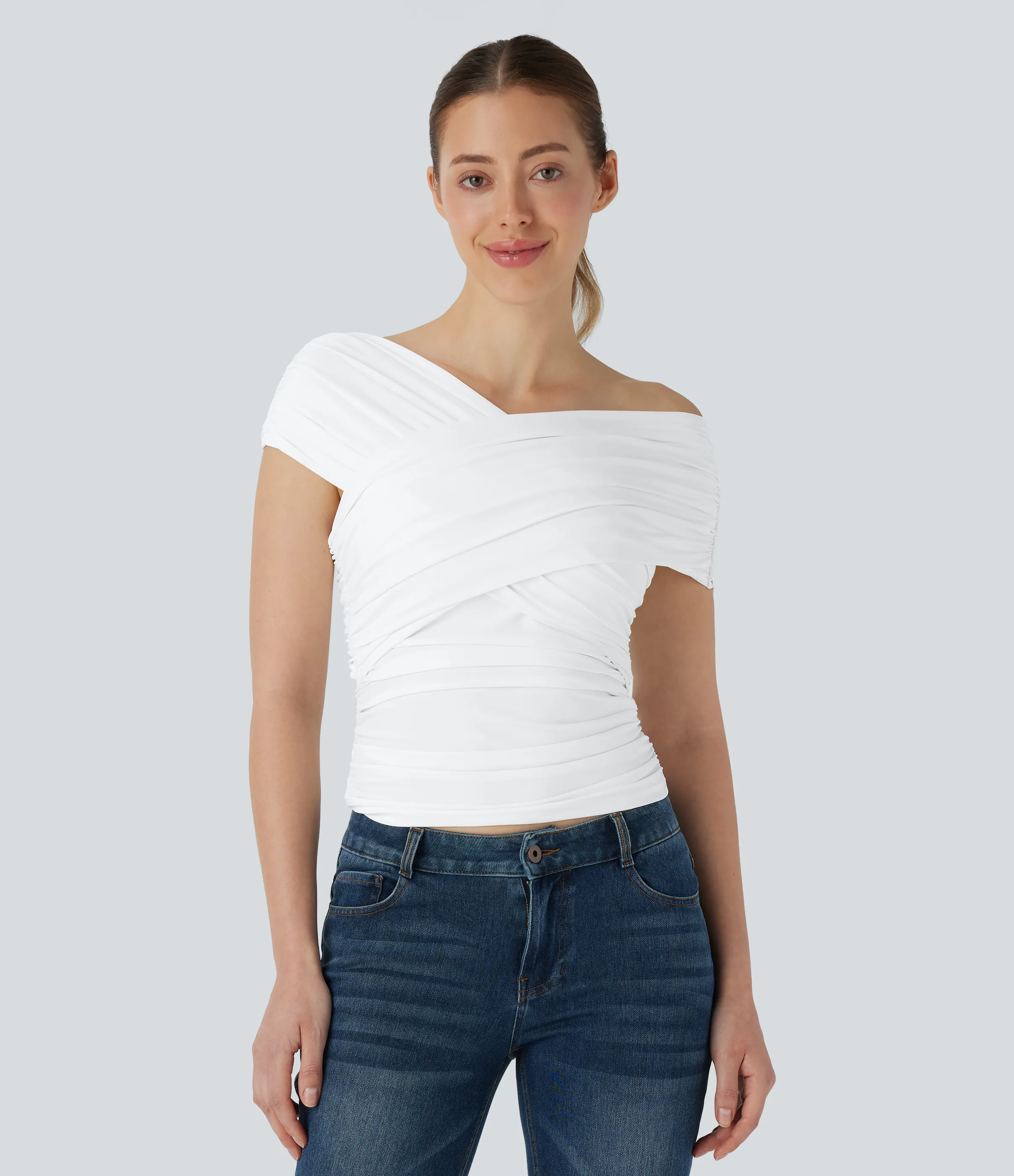 Halara Top casual ajustado con cuello en V, mangas cortas cruzadas y fruncido - White - S sold by Halara product image thumbnail 3