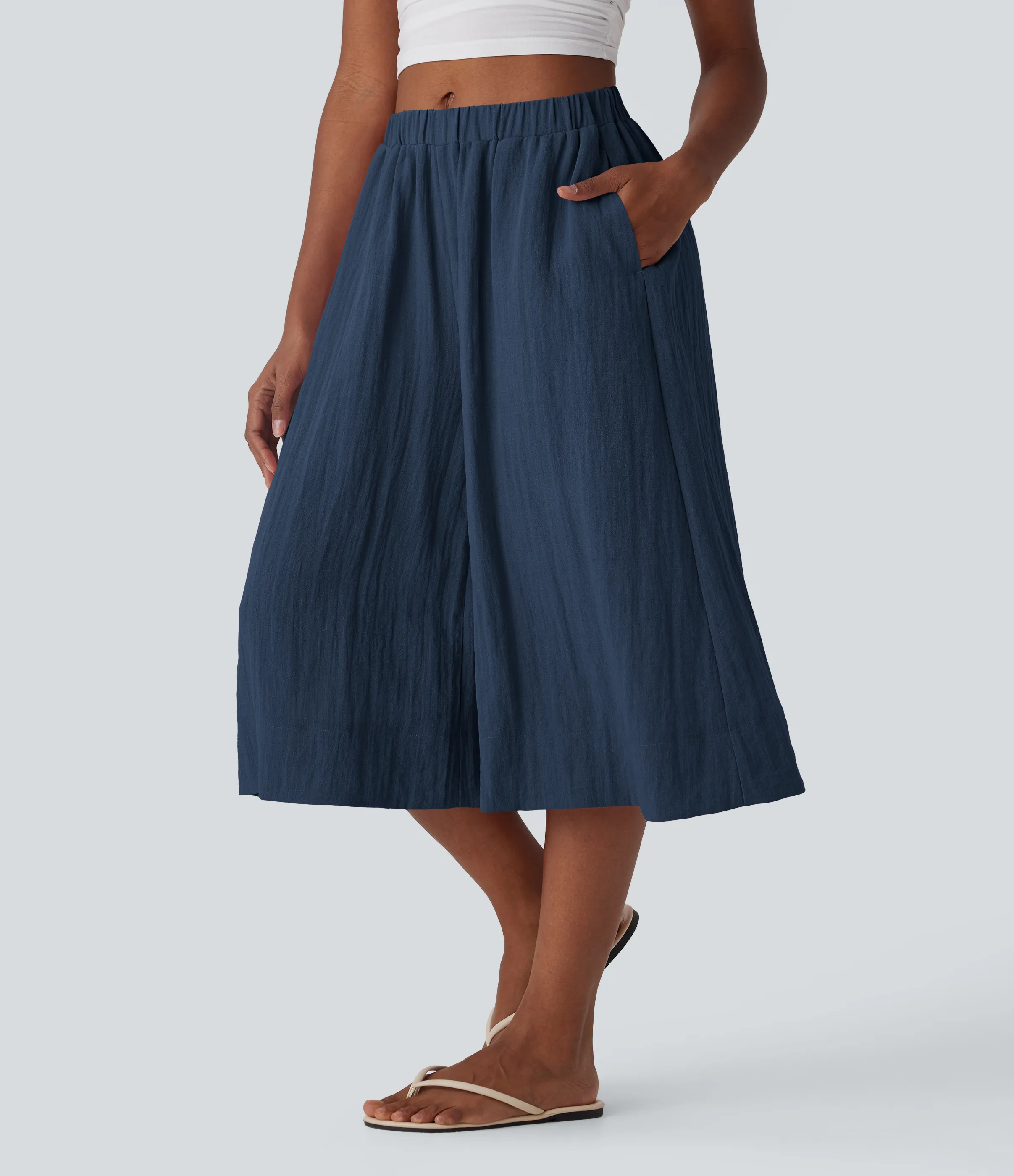 Halara Pantalones de lino anchos y fluidos de tiro medio con bolsillos laterales - Deep Secluded Blue - M(regular) sold by Halara product image thumbnail 4