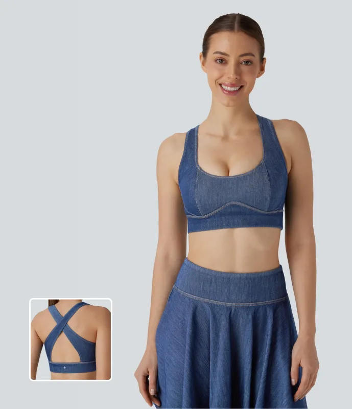 Halara Camiseta Halara Flex™ Denim tenis tirantes elástica desgastada con espalda descubierta y entrecruzada fresca al tacto - Tide Blue Denim - S made by Halara