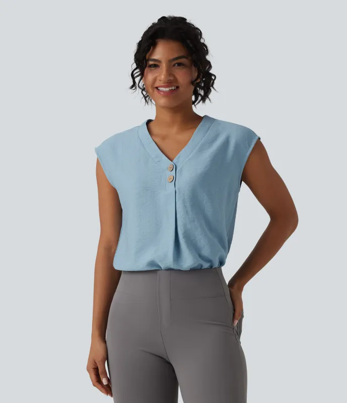 Halara Blusa de oficina de manga corta con botones decorativos y cuello en V - Light Foggy Blue - L sold by Halara