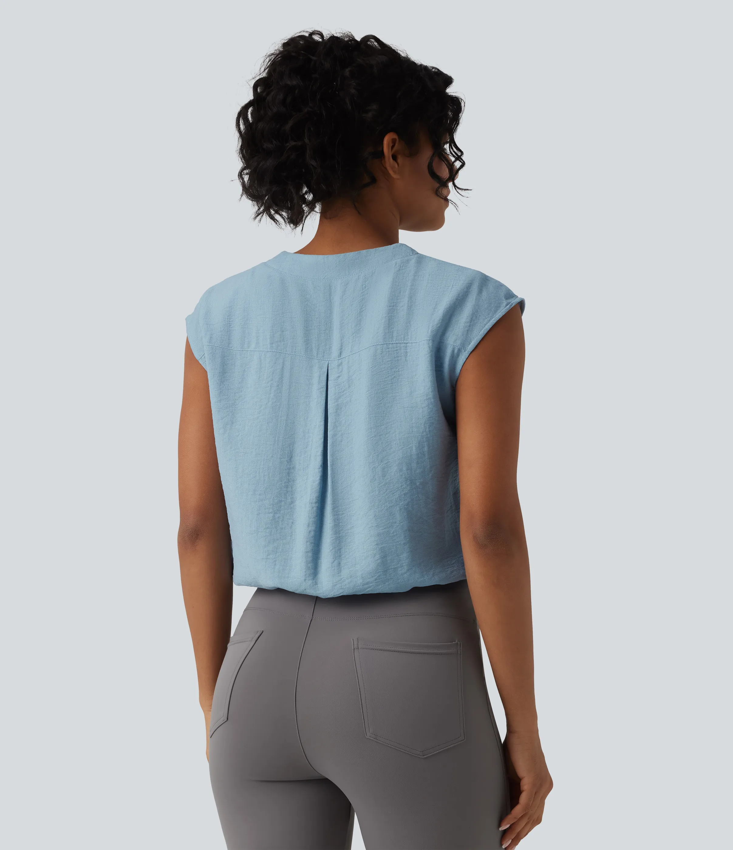 Halara Blusa de oficina de manga corta con botones decorativos y cuello en V - Light Foggy Blue - L sold by Halara product image thumbnail 3