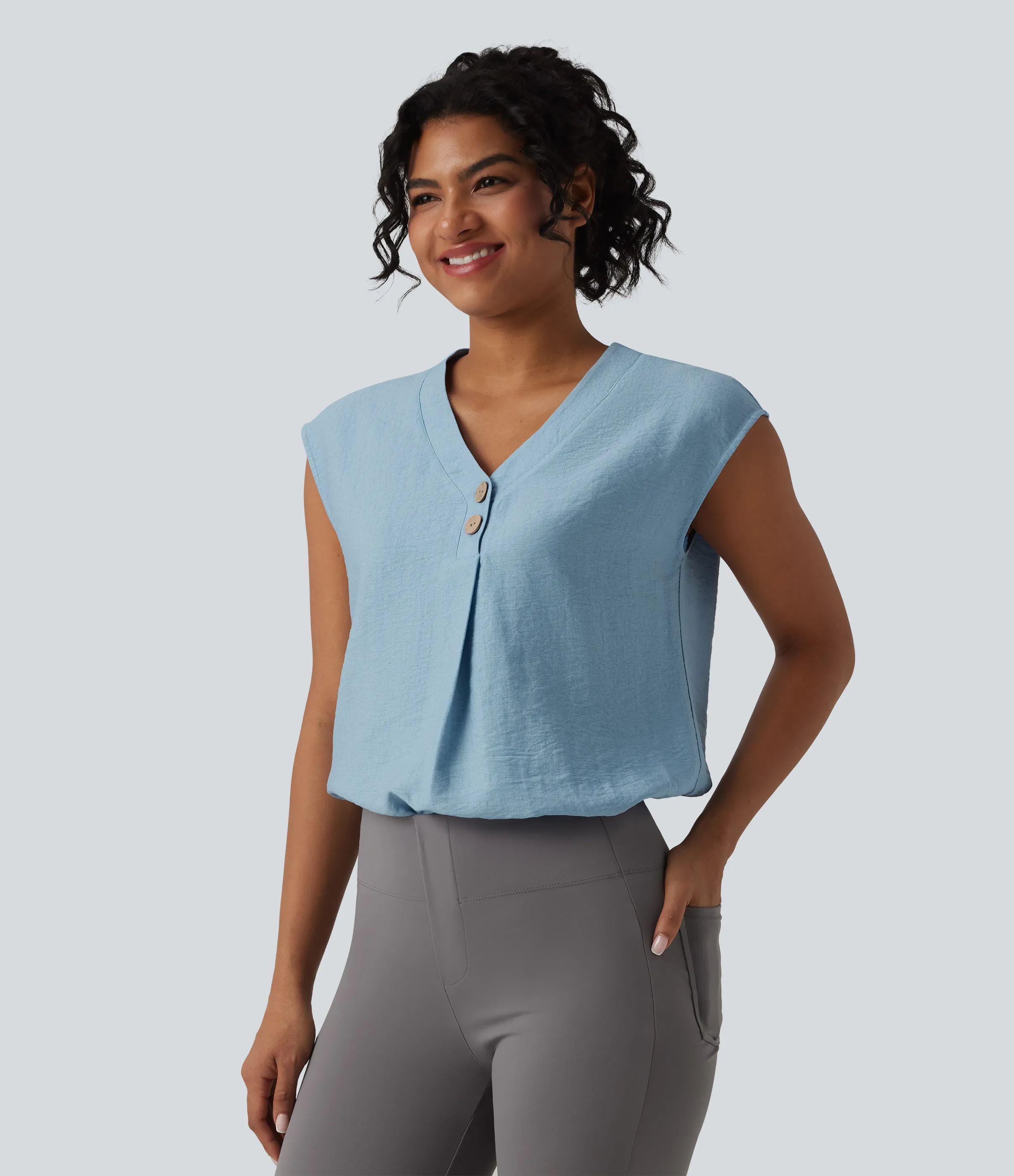 Halara Blusa de oficina de manga corta con botones decorativos y cuello en V - Light Foggy Blue - L sold by Halara product image thumbnail 4