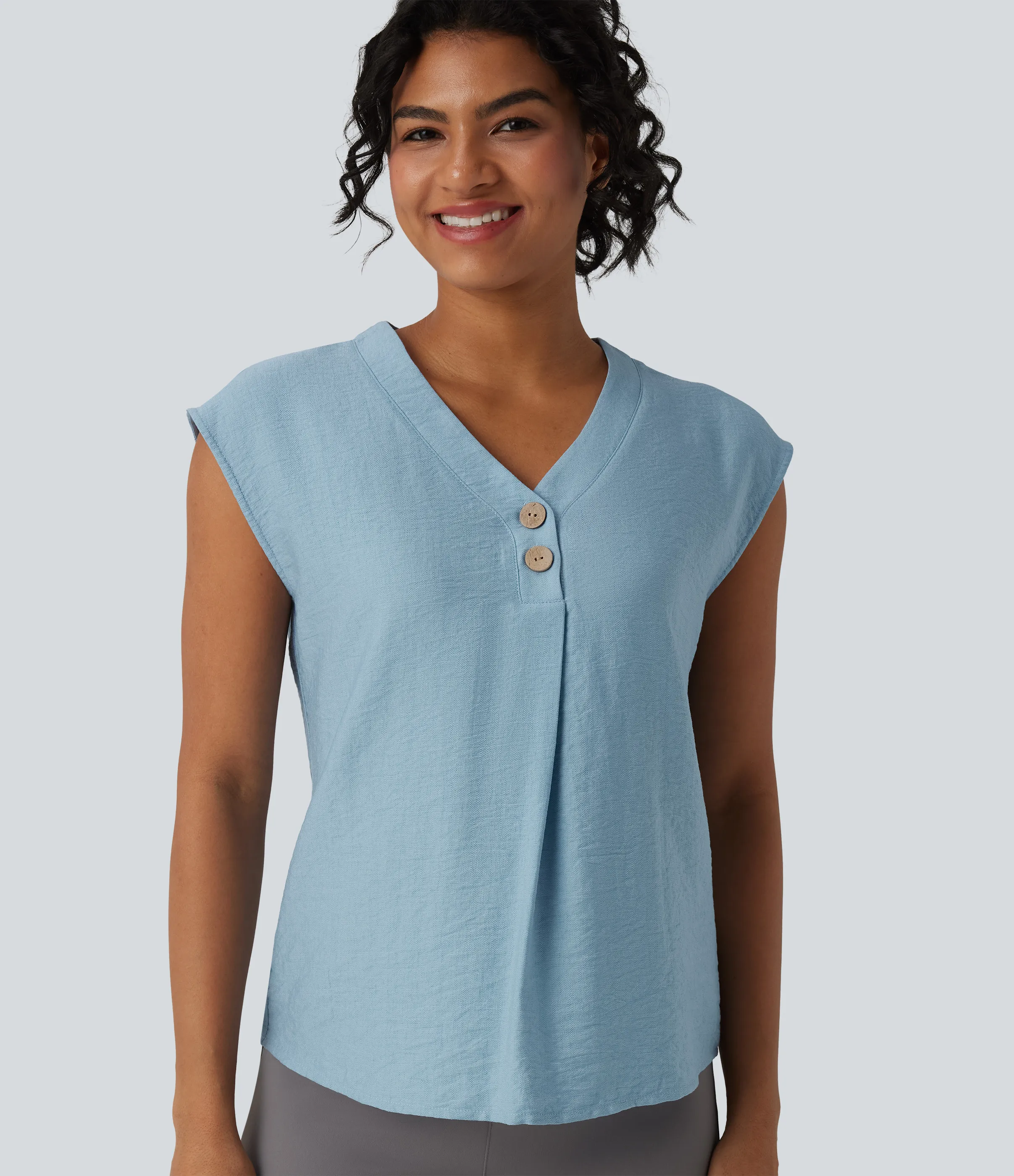 Halara Blusa de oficina de manga corta con botones decorativos y cuello en V - Light Foggy Blue - L sold by Halara product image thumbnail 5