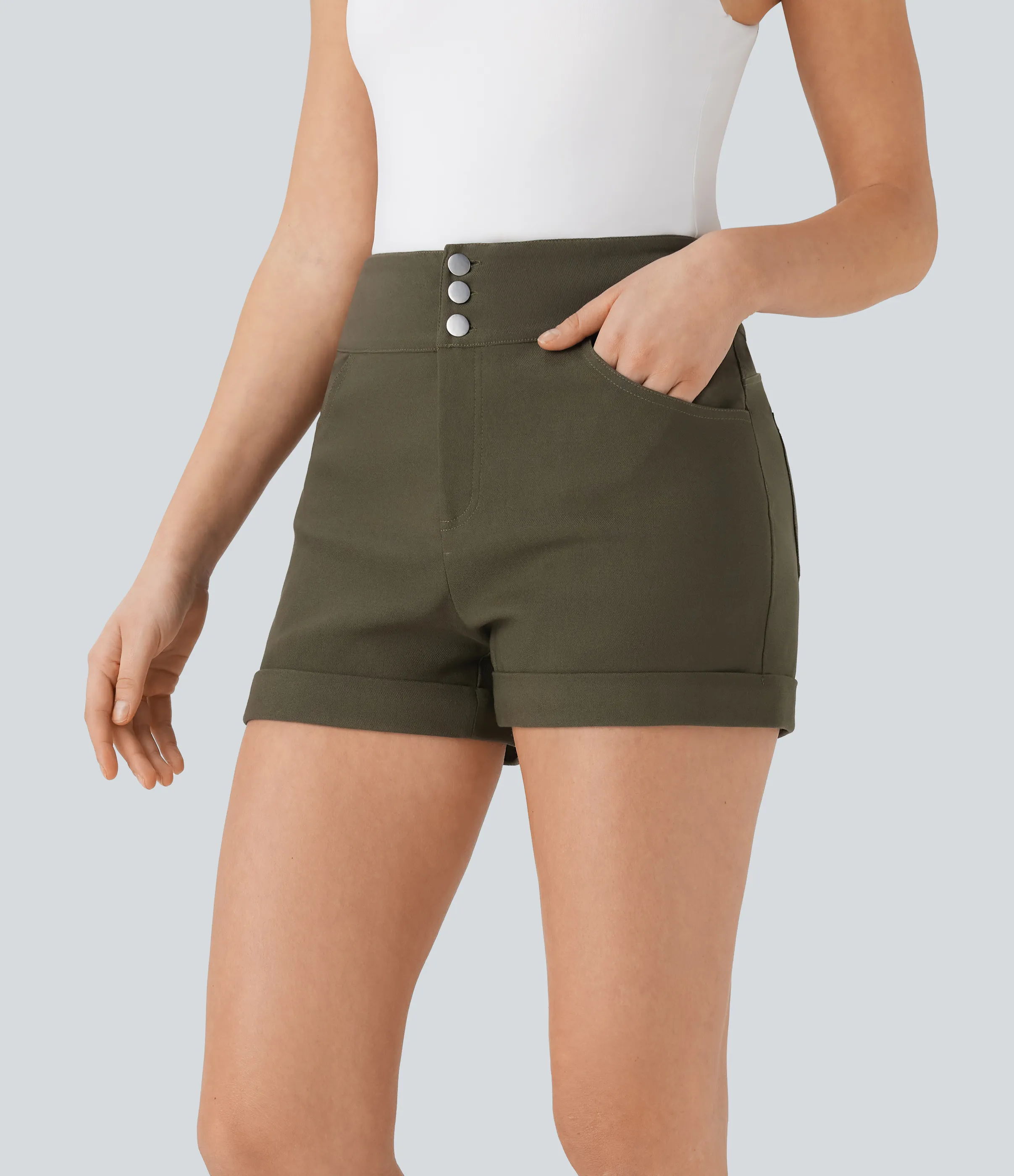 Halara Shorts casuales ajustados de tiro alto con botones y dobladillo enrollado con bolsillos - Forest Wild Brown - S sold by Halara product image thumbnail 4