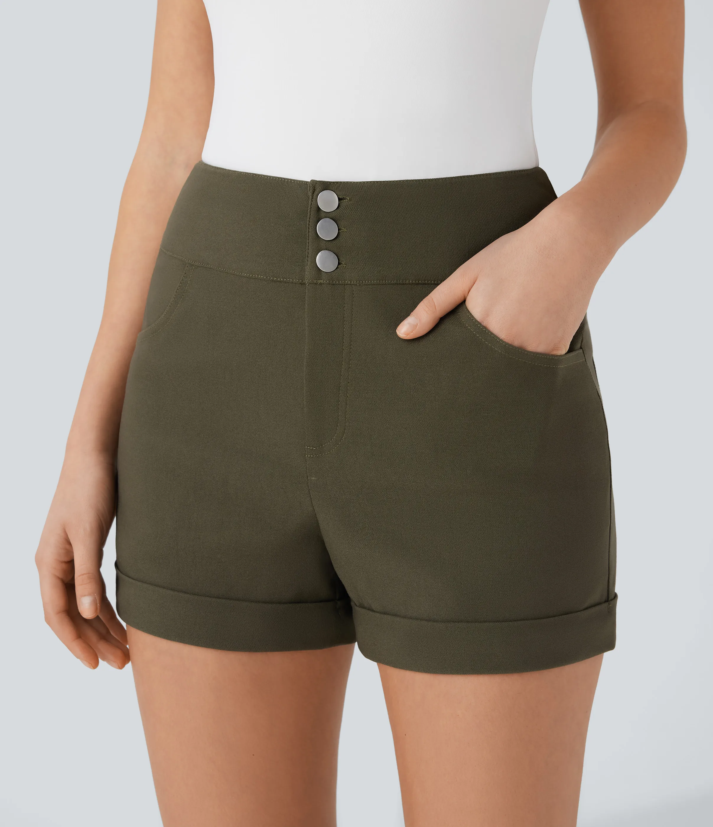 Halara Shorts casuales ajustados de tiro alto con botones y dobladillo enrollado con bolsillos - Forest Wild Brown - S sold by Halara product image thumbnail 5