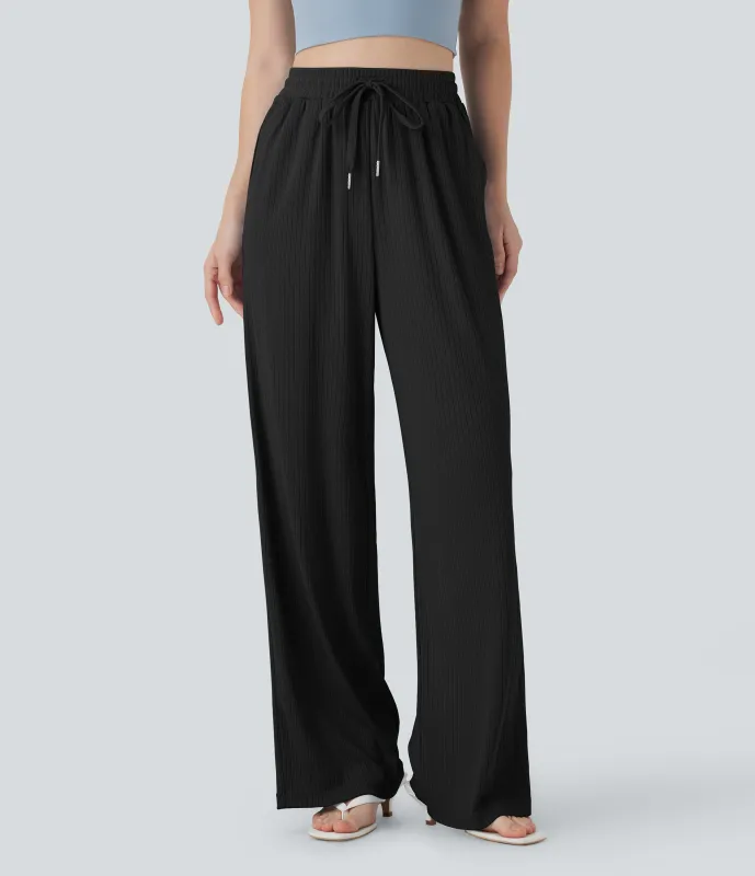 Halara Pantalones rectos casuales de punto acanalado con tiro alto y cordón ajustable y bolsillos laterales - Black - XS(regular) sold by Halara